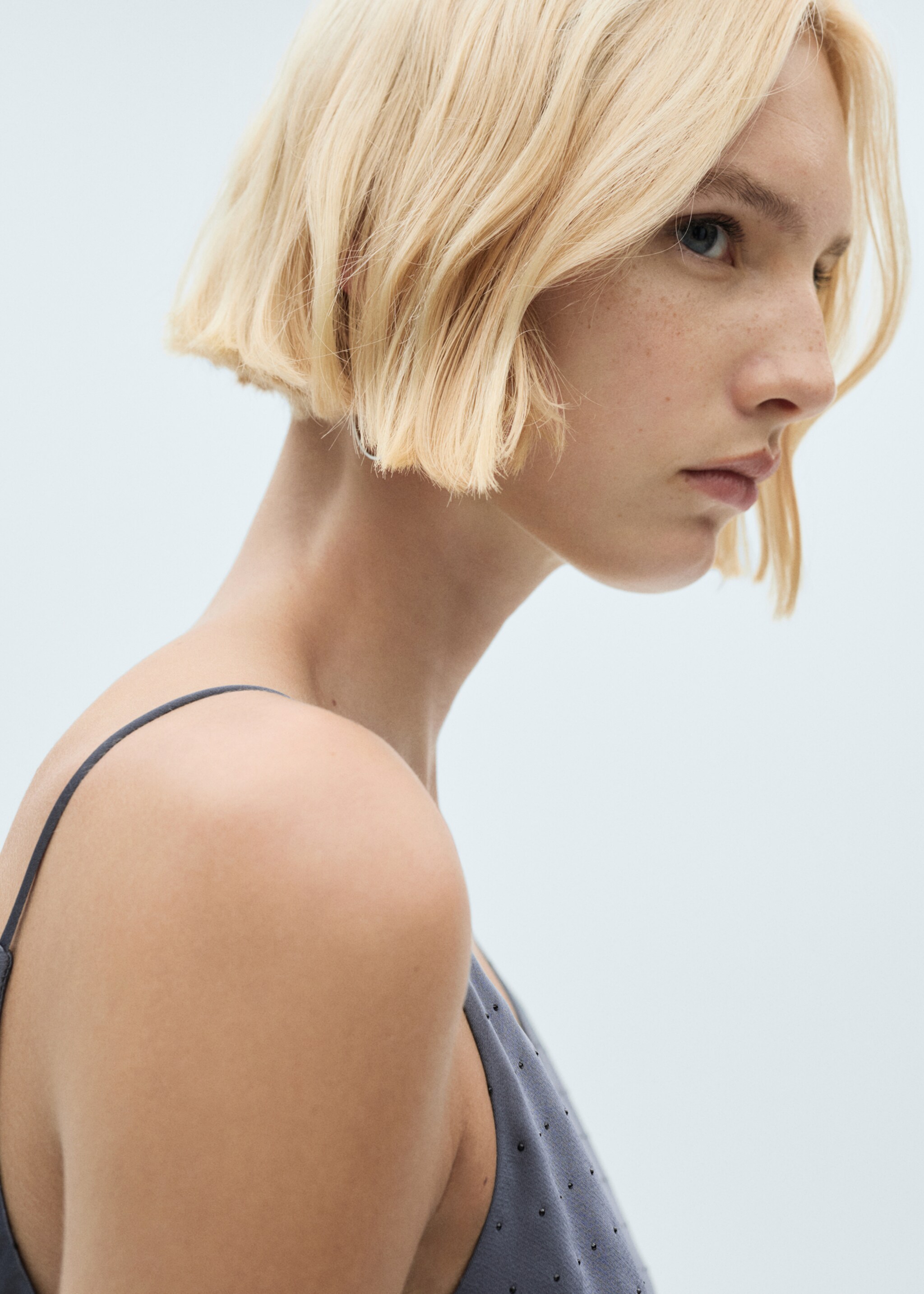 Lingerie dress with rhinestone details - Details of the article 1, Denim Grey. Ref: 77039057-00.