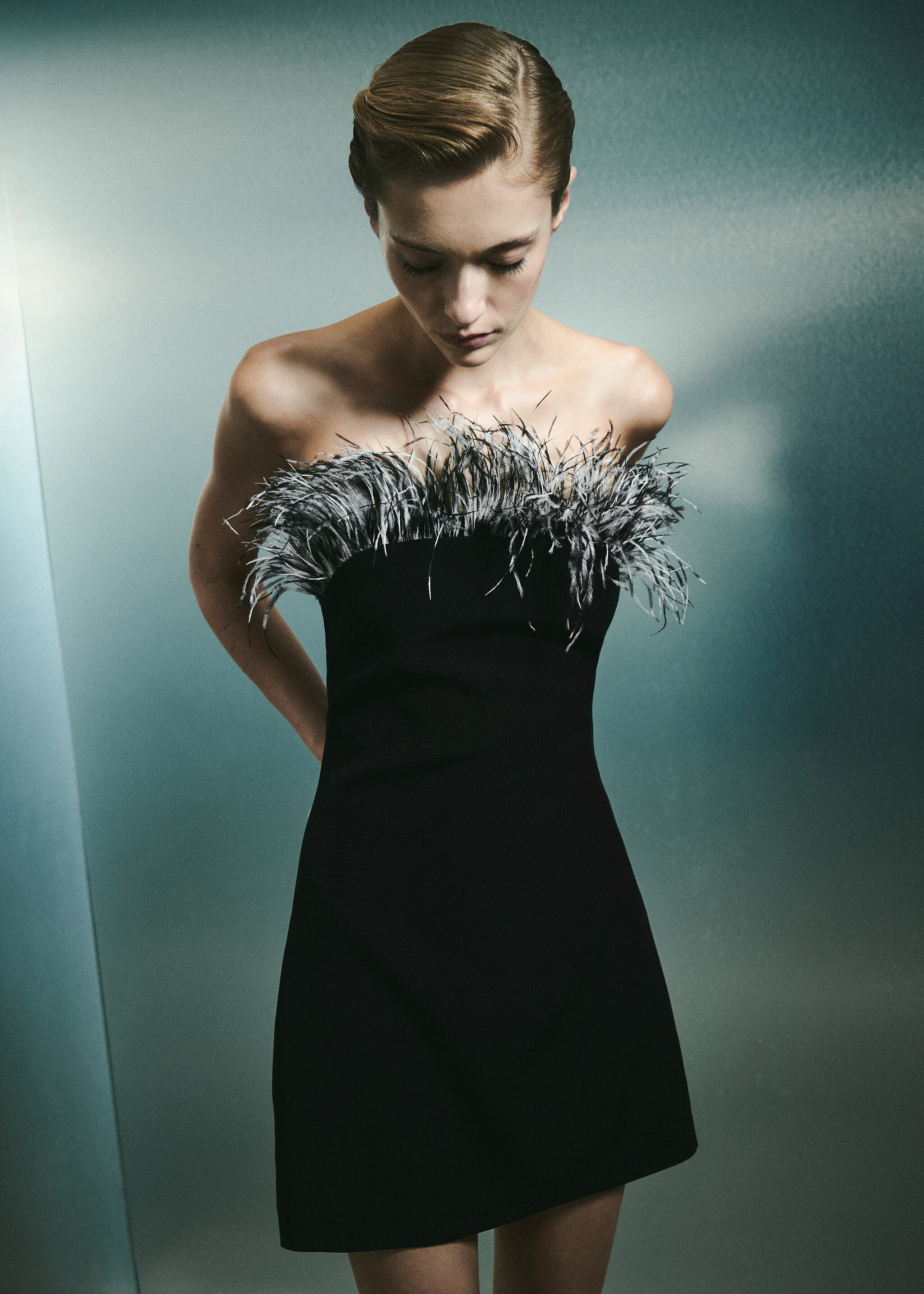 Strapless jurk met verendetail - Detail van het artikel 2, Zwart. Ref: 77039059-00.