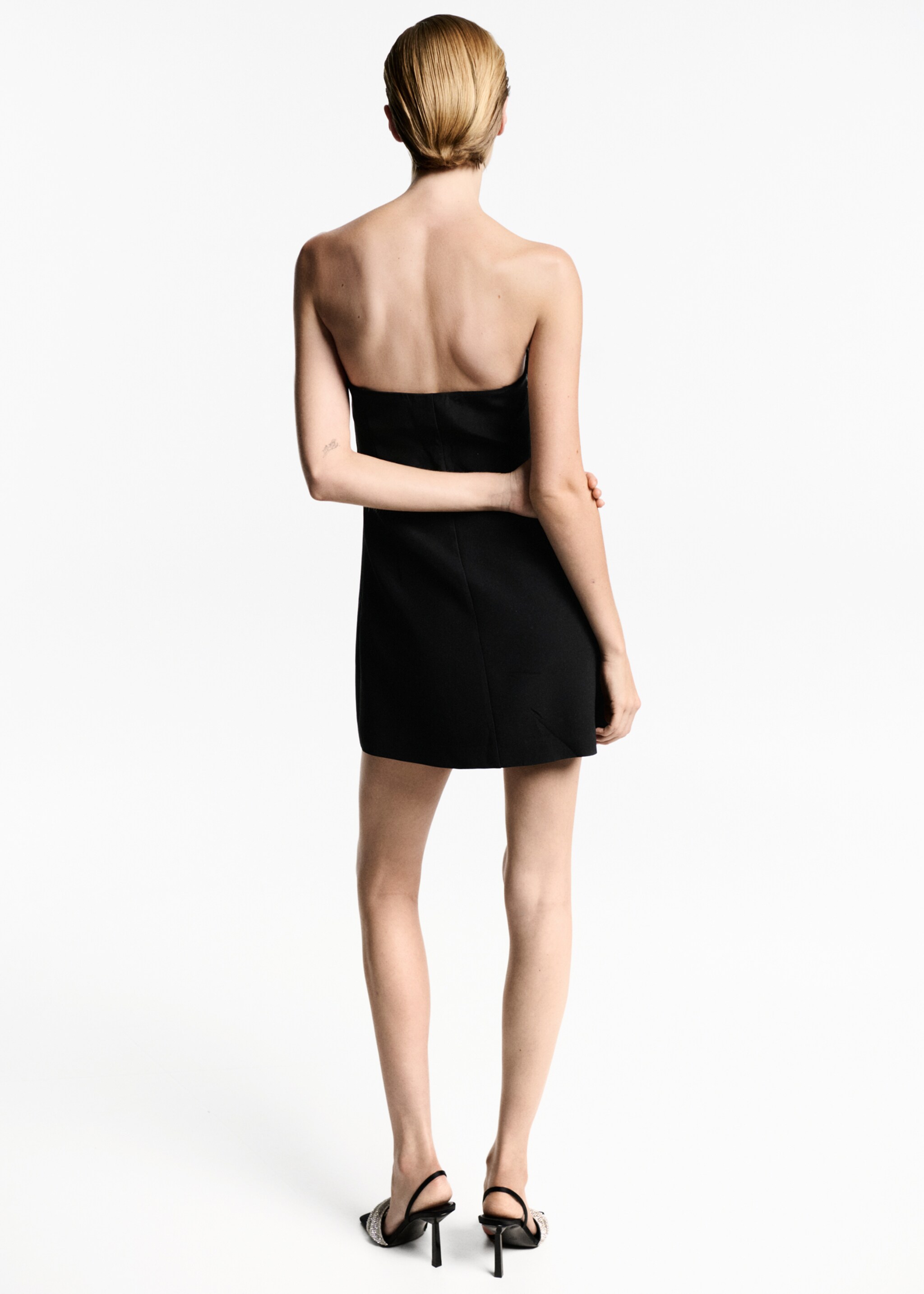 Strapless jurk met verendetail - Achterkant van het artikel, Zwart. Ref: 77039059-00.
