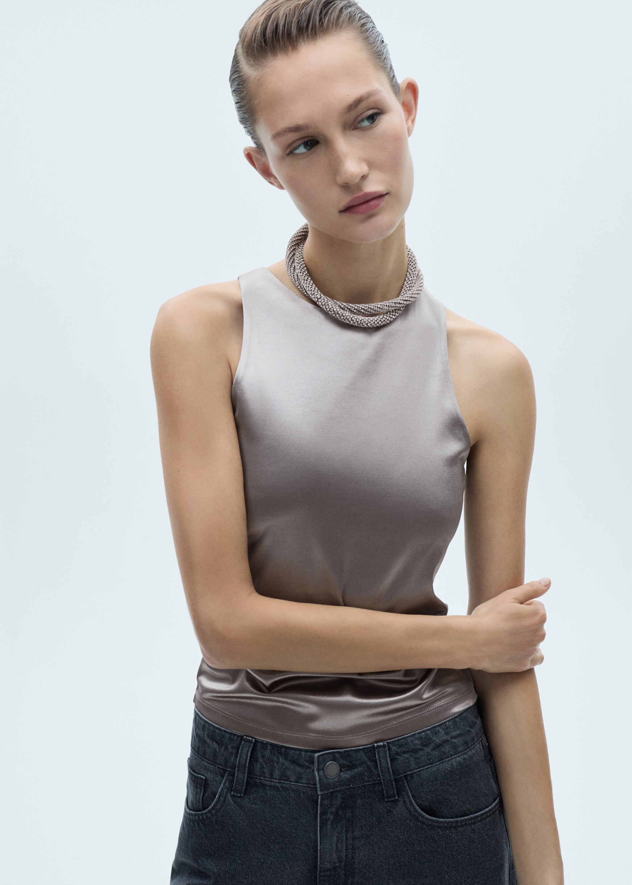 Top satiné métallisé - Plan moyen, Argent. Ref: 77039406-00.