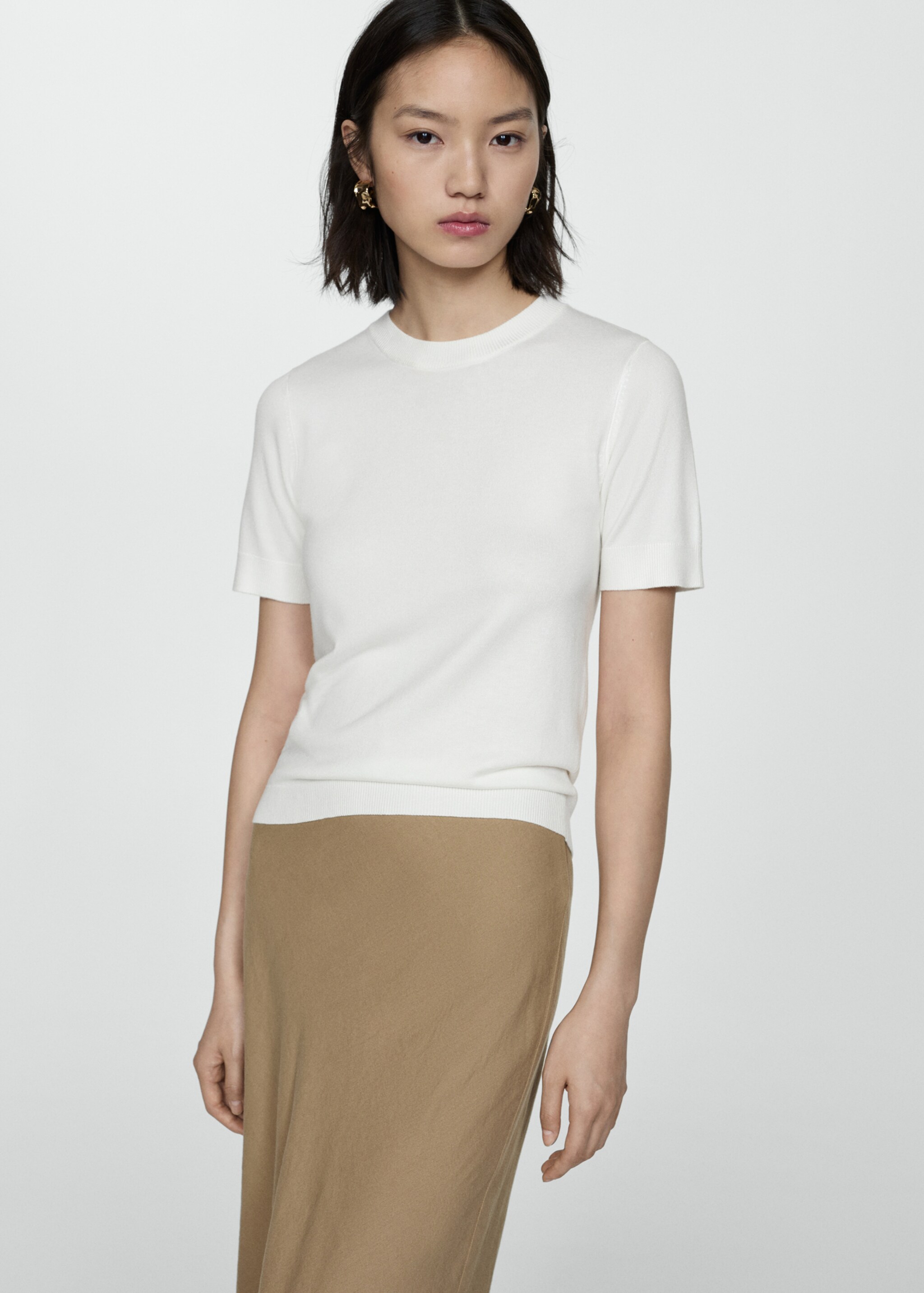 Short-sleeved fine-knit sweater - Medium plane, Ecru. Ref: 77042919-00.