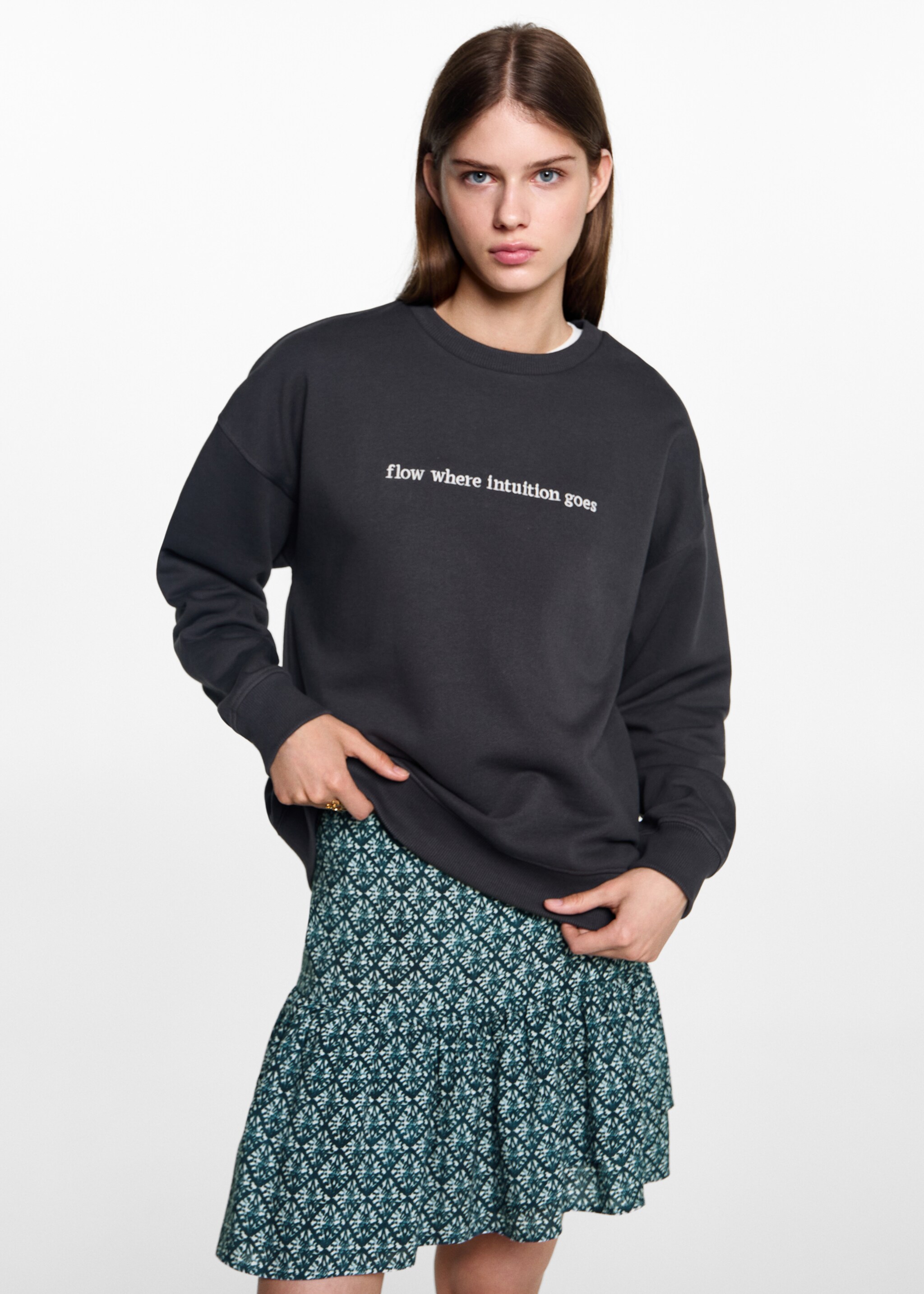 Embroidered detail cotton sweatshirt - Medium plane, Charcoal. Ref: 77042935-00.