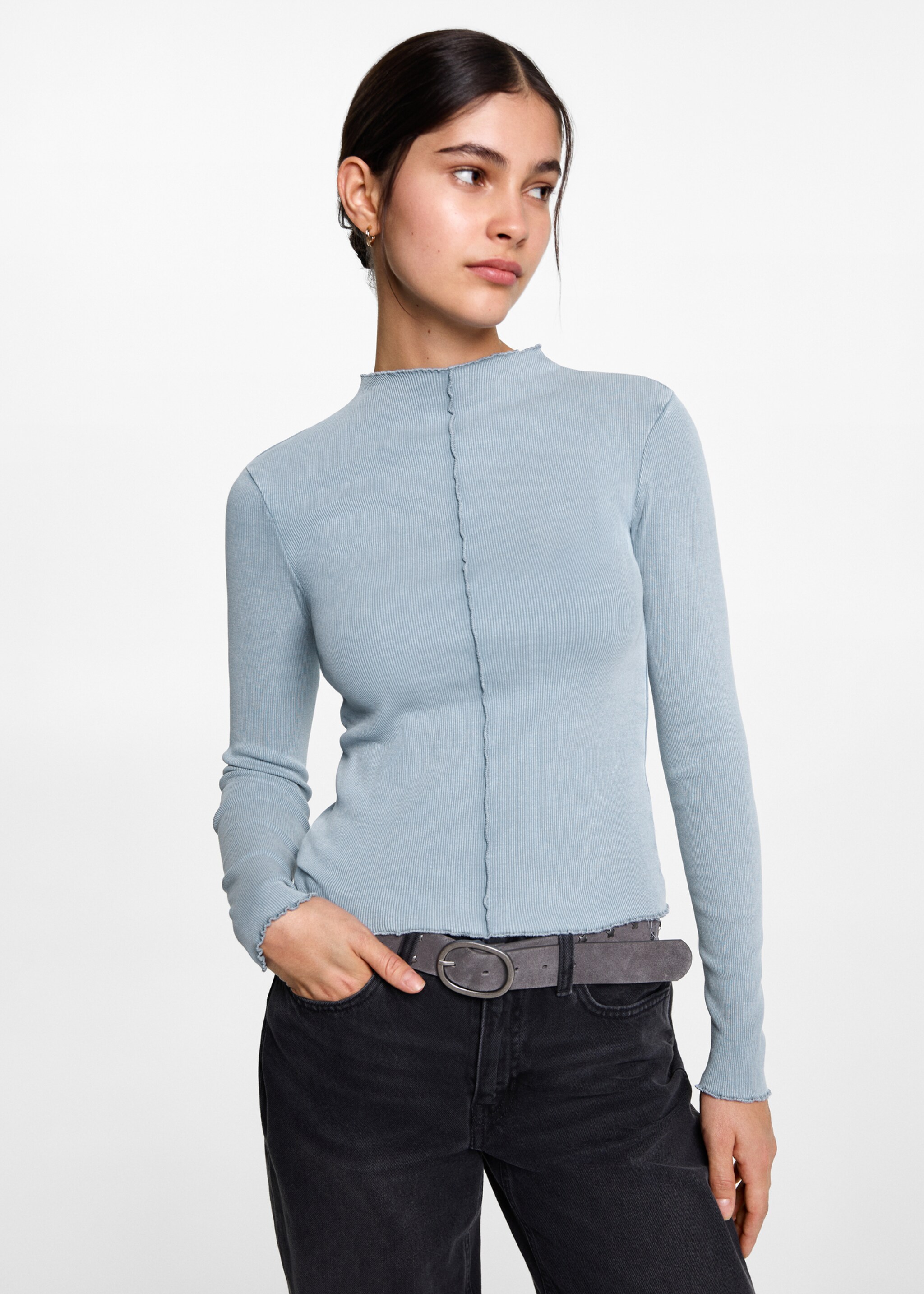 Long-sleeved t-shirt with decorative seams - Medium plane, Sky Blue. Ref: 77044046-00.