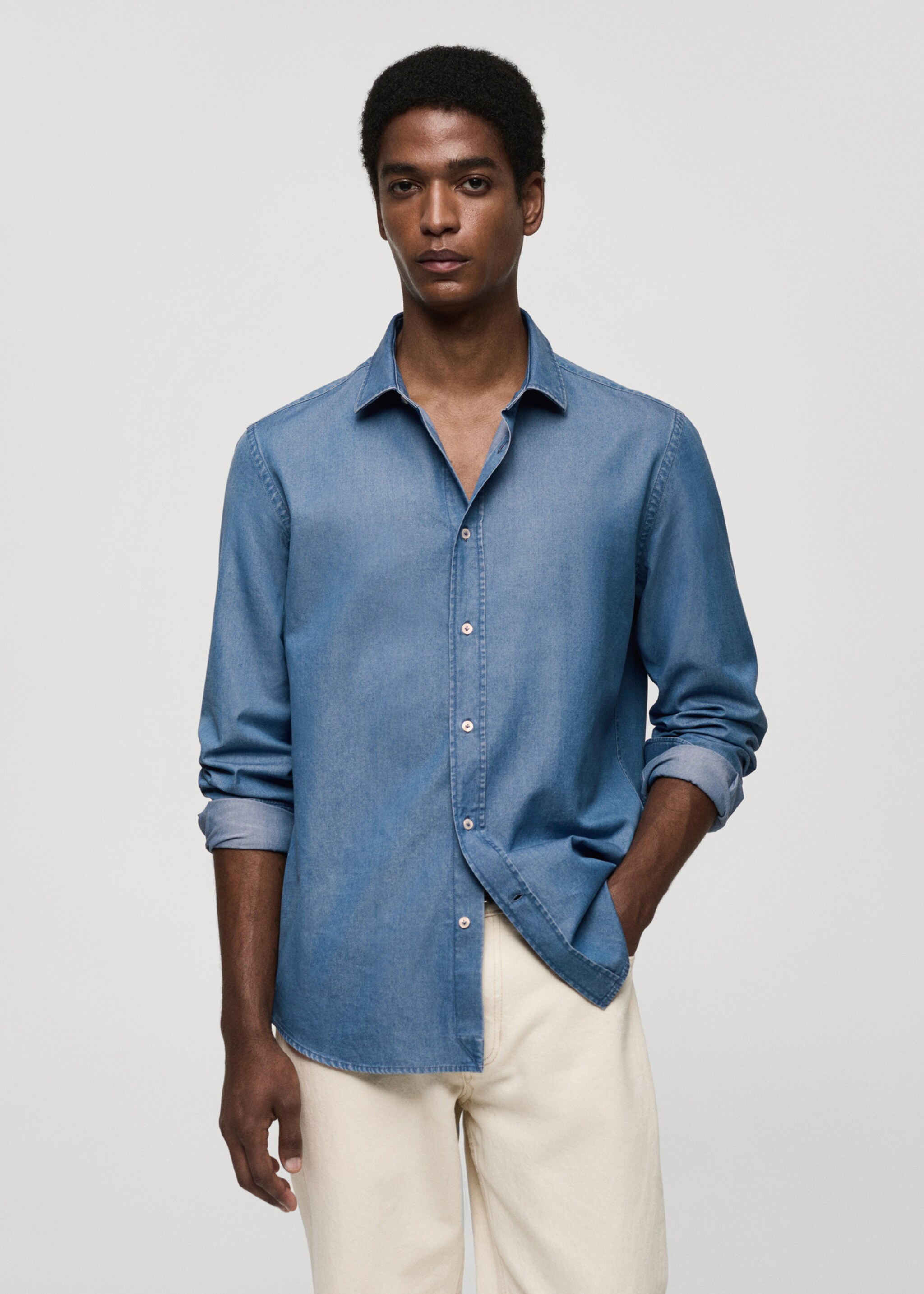 Πουκάμισο slim fit βαμβακερό λαχούρια - Μεσαίο πλάνο, Μεσαίο Μπλε. Ref: 77044438-00.