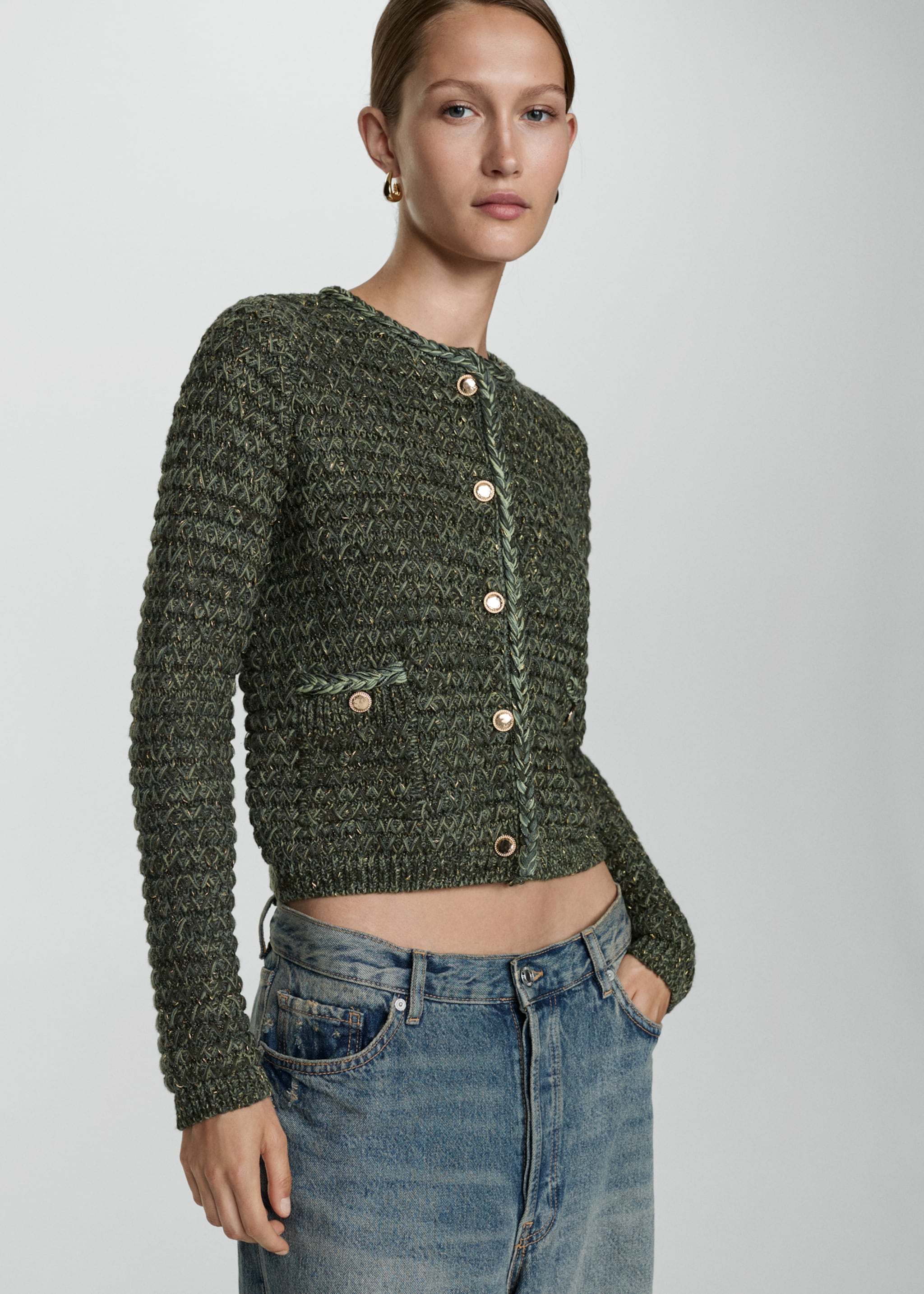 Lurex chunky-knit cardigan - Medium plane, Green. Ref: 77044761-00.