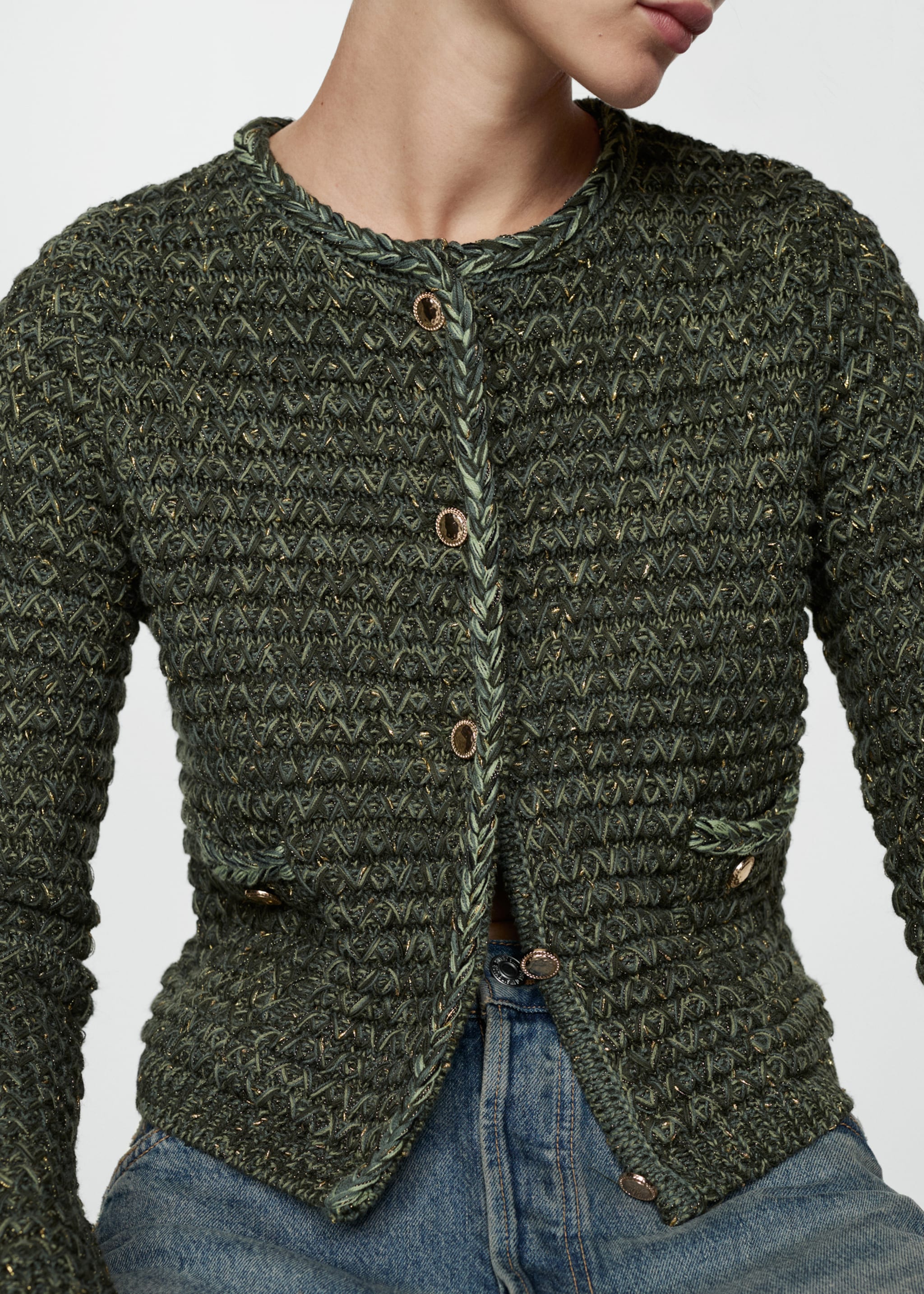 Lurex chunky-knit cardigan - Details of the article 6, Green. Ref: 77044761-00.