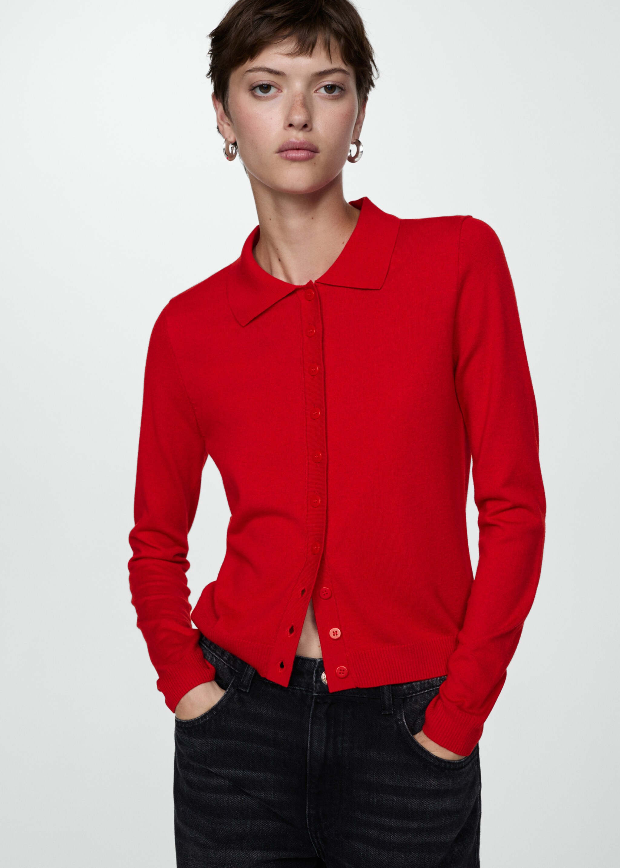 Cardigan col polo - Plan moyen, Rouge. Ref: 77044763-00.