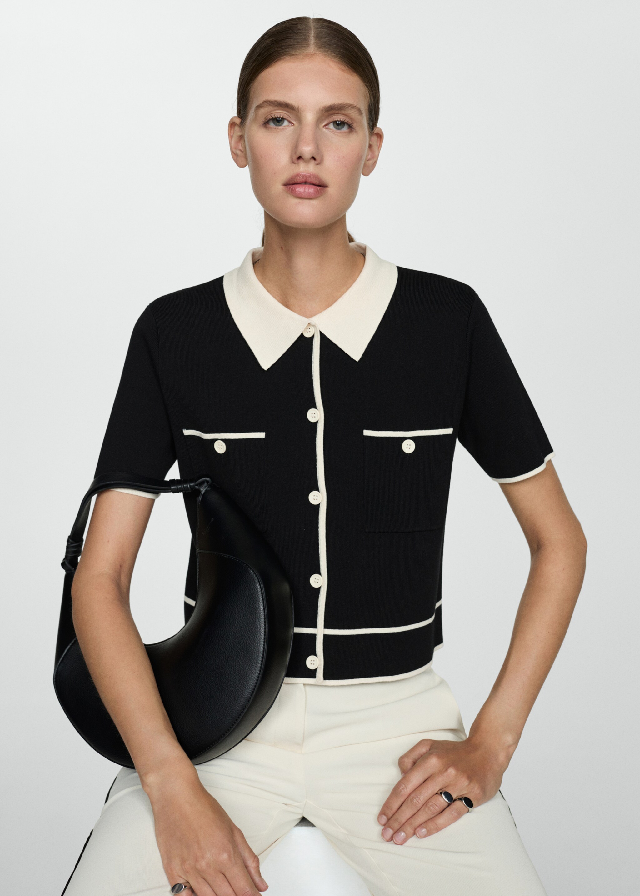 Short-sleeved cardigan with contrasting trims - Medium plane, Black. Ref: 77044770-00.