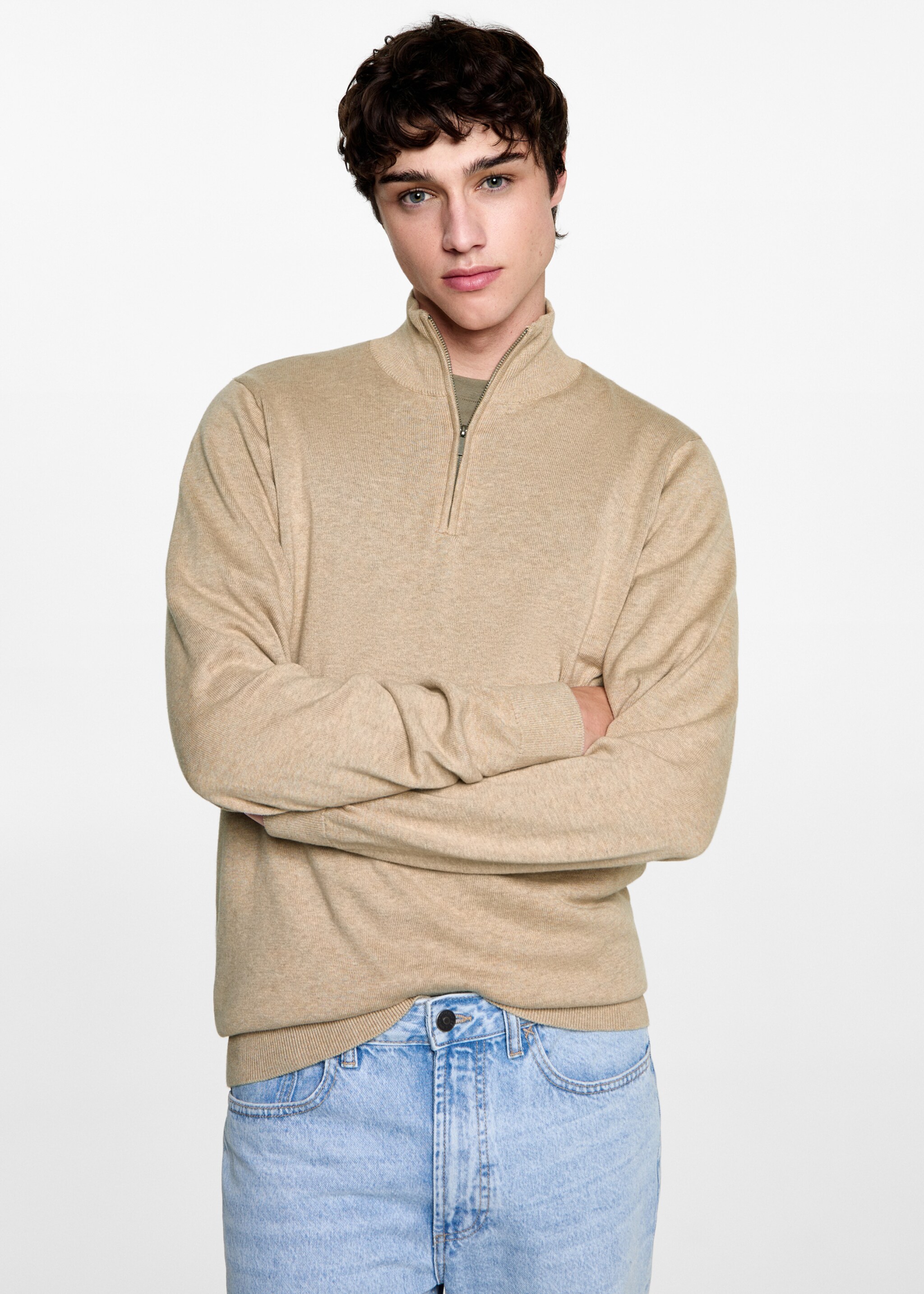 Perkins-neck sweater with zip - Medium plane, Beige. Ref: 77045633-00.
