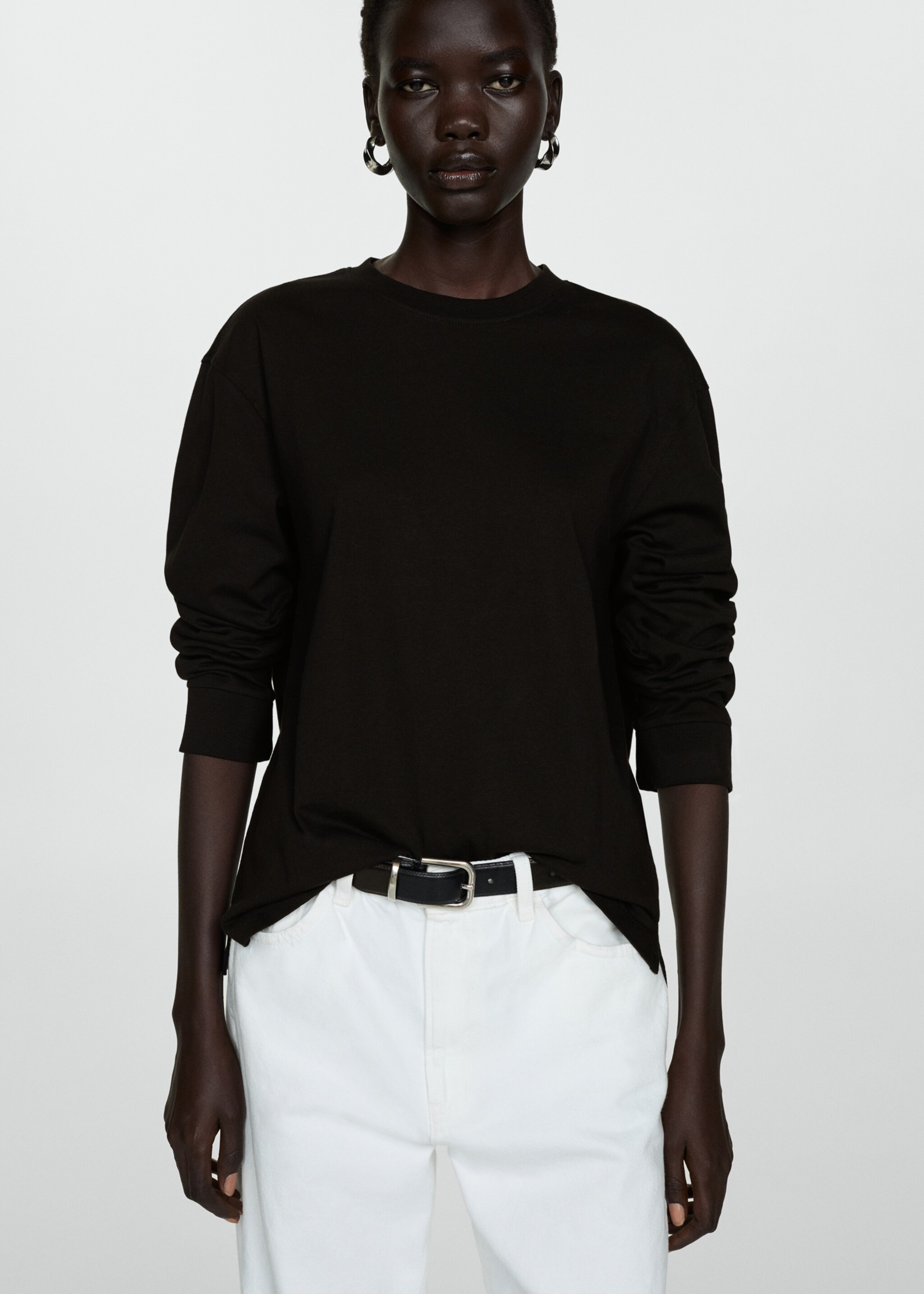 Long sleeve cotton t-shirt - Medium plane, Black. Ref: 77045643-00.
