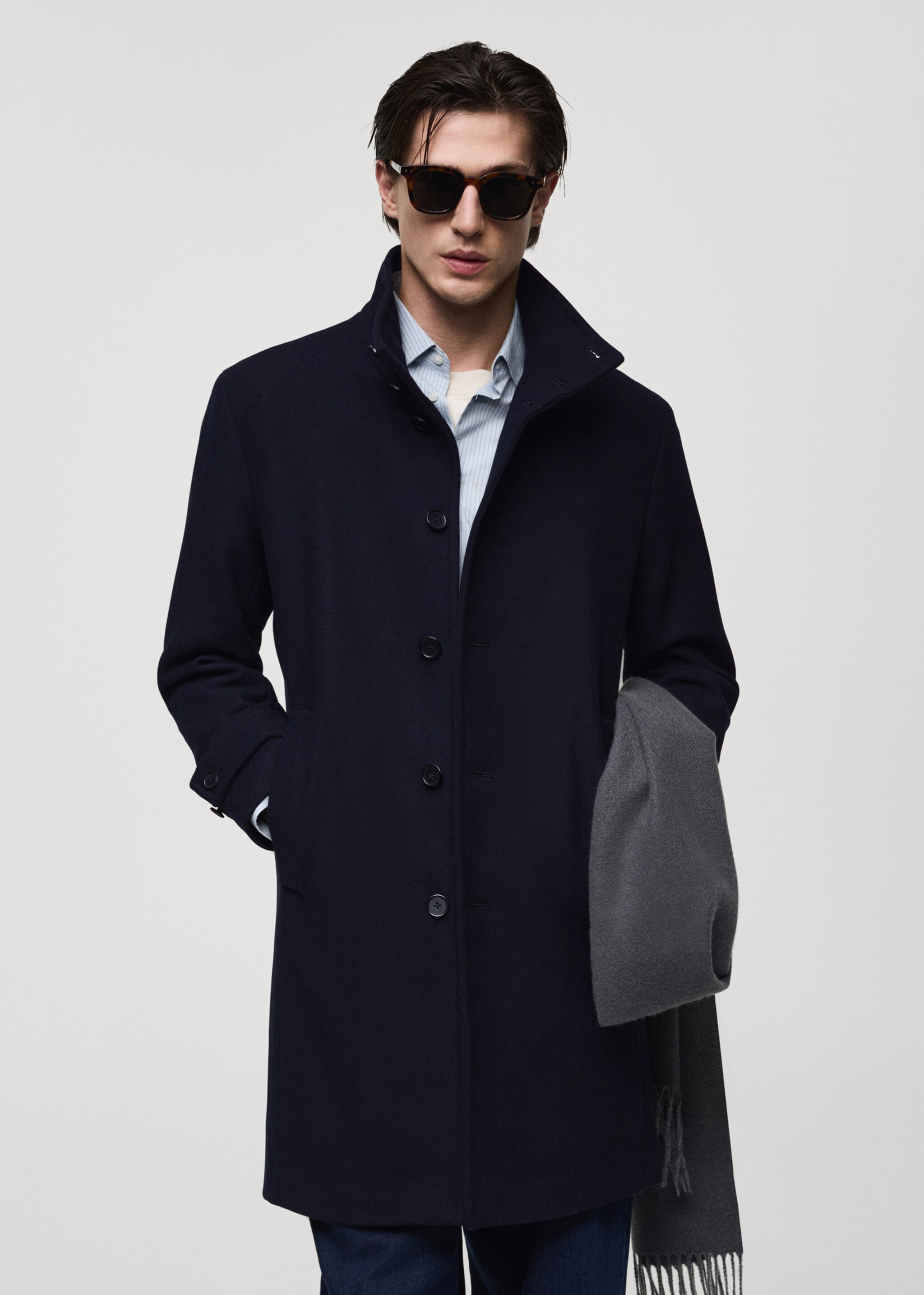 Wool funnel neck coat - Medium plane, Dark Navy. Ref: 77045967-00.