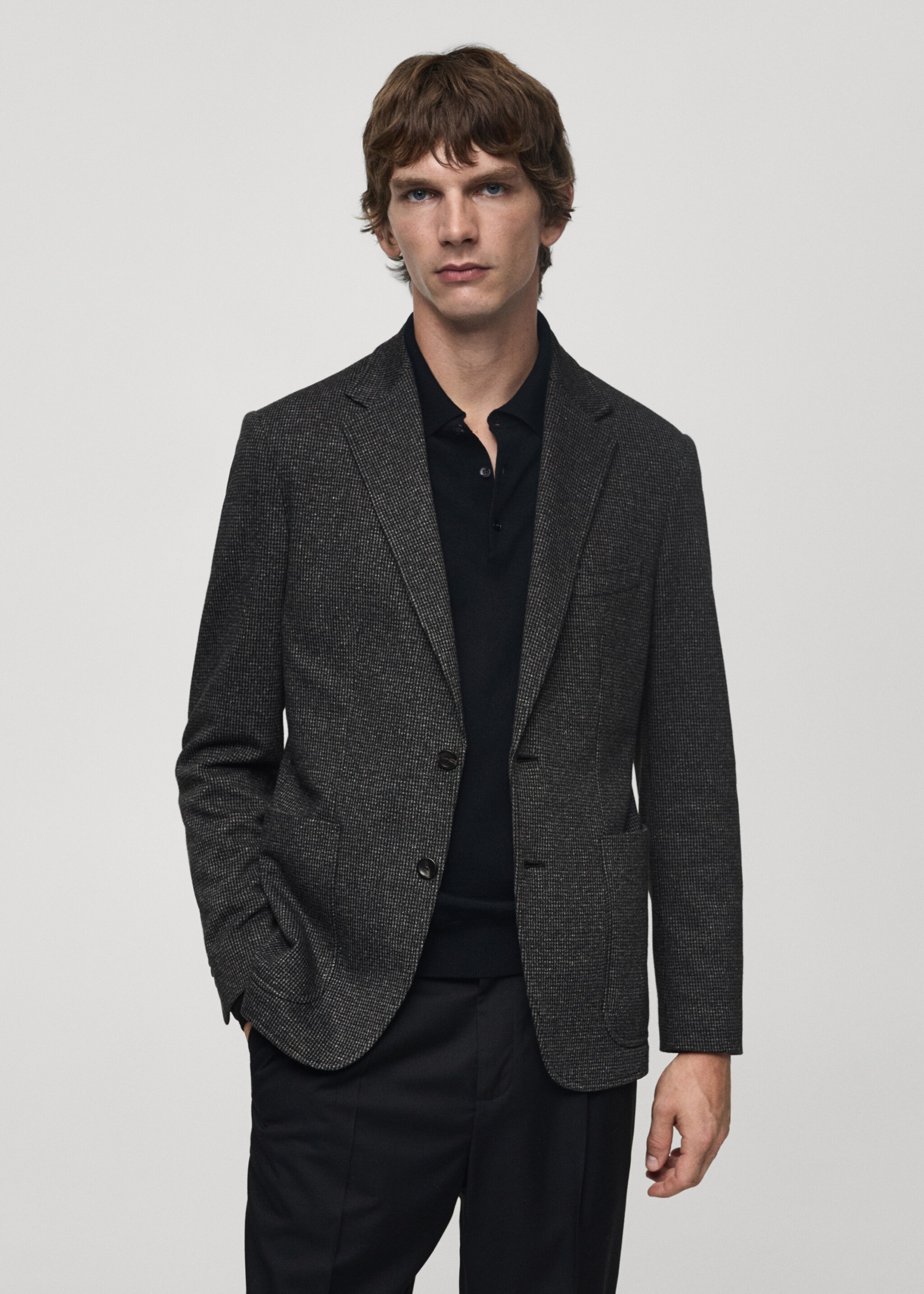 Slim Fit-Sakko mit Mikro-Hahnentrittmuster - Mittlere Ansicht, Dunkelgrau meliert. Ref: 77045972-00.