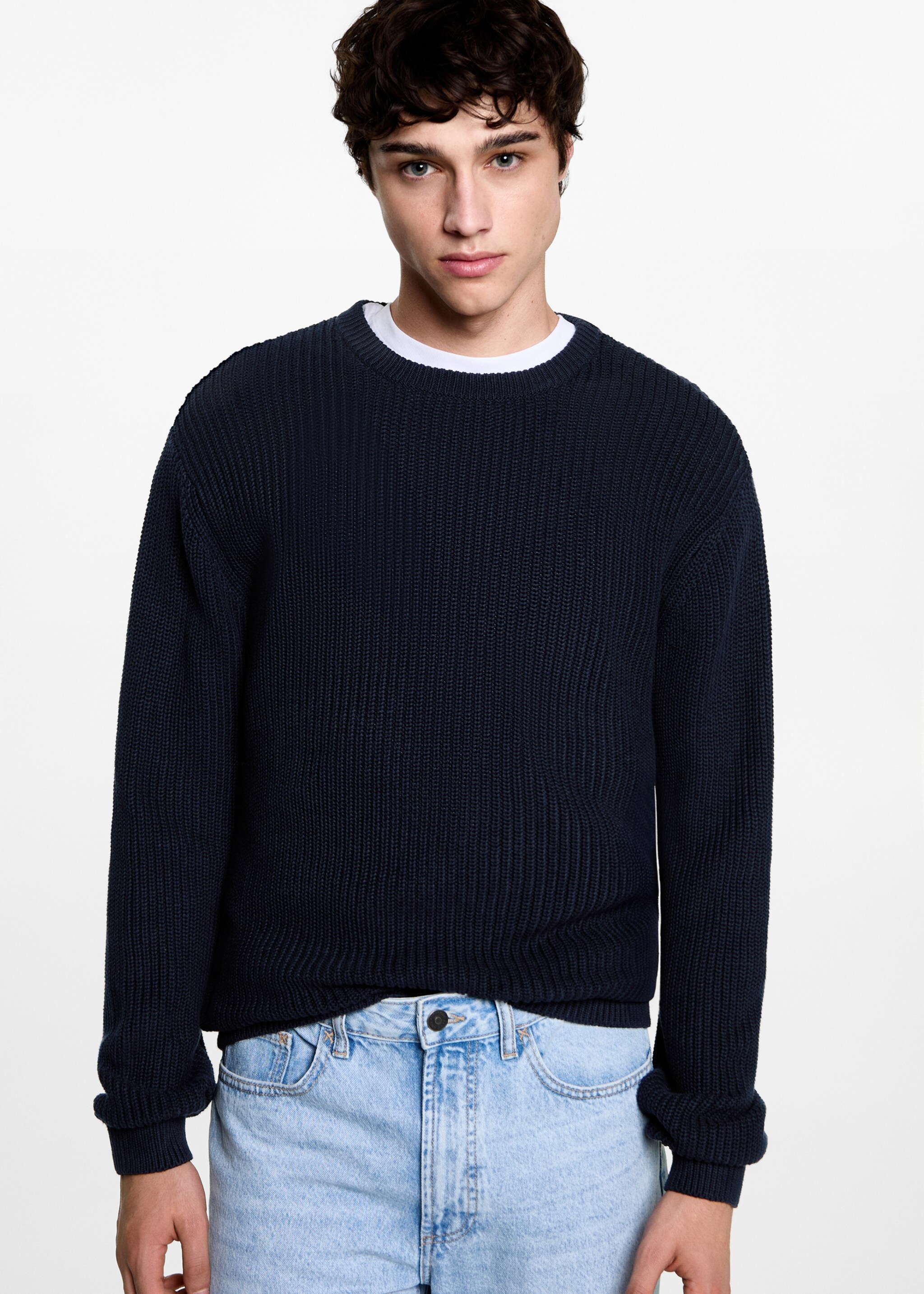 Ribbed cotton knitted sweater - Medium plane, Dark Navy. Ref: 77046337-00.
