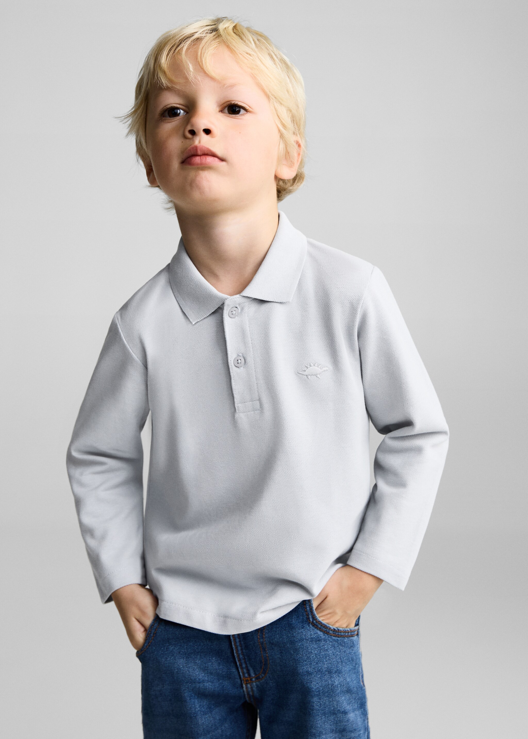 Polo coton à manches longues - Plan moyen, Bleu ciel. Ref: 77046340-00.