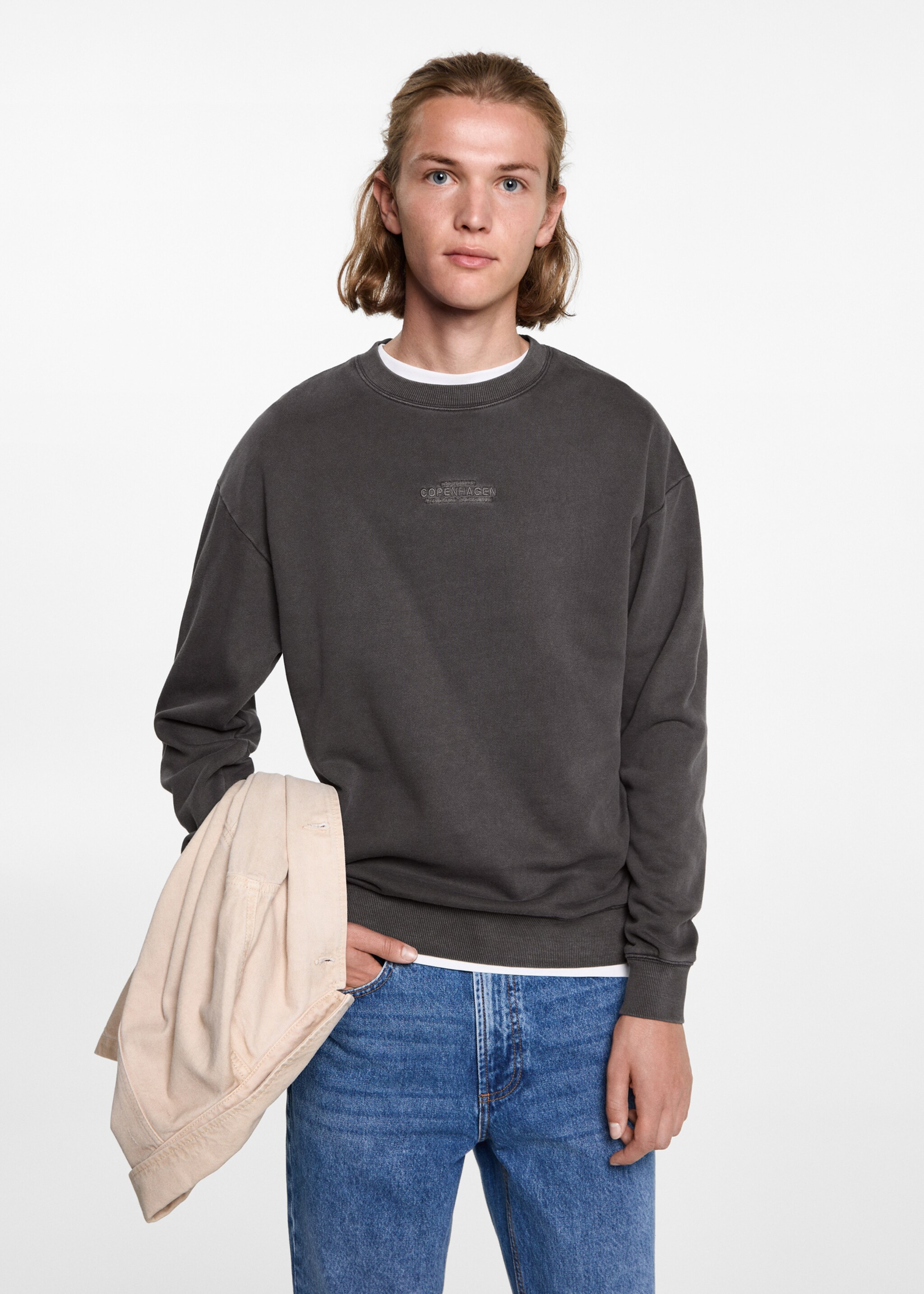 Embroidered detail cotton sweatshirt - Medium plane, Charcoal. Ref: 77046350-00.