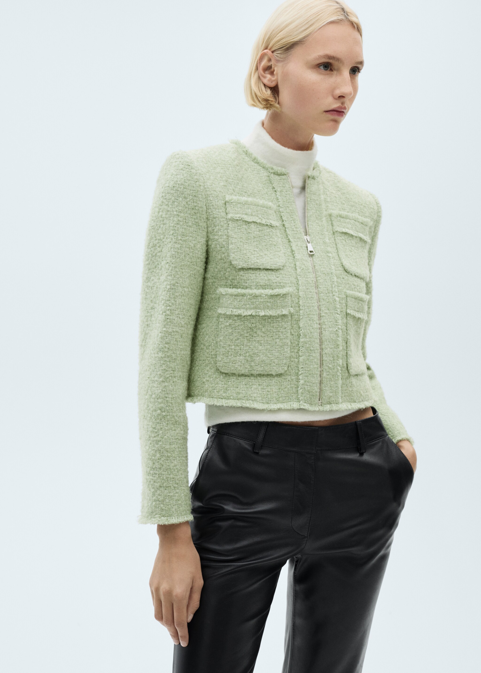 Tweed jacket with zip - Medium plane, Pastel Green. Ref: 77046358-00.