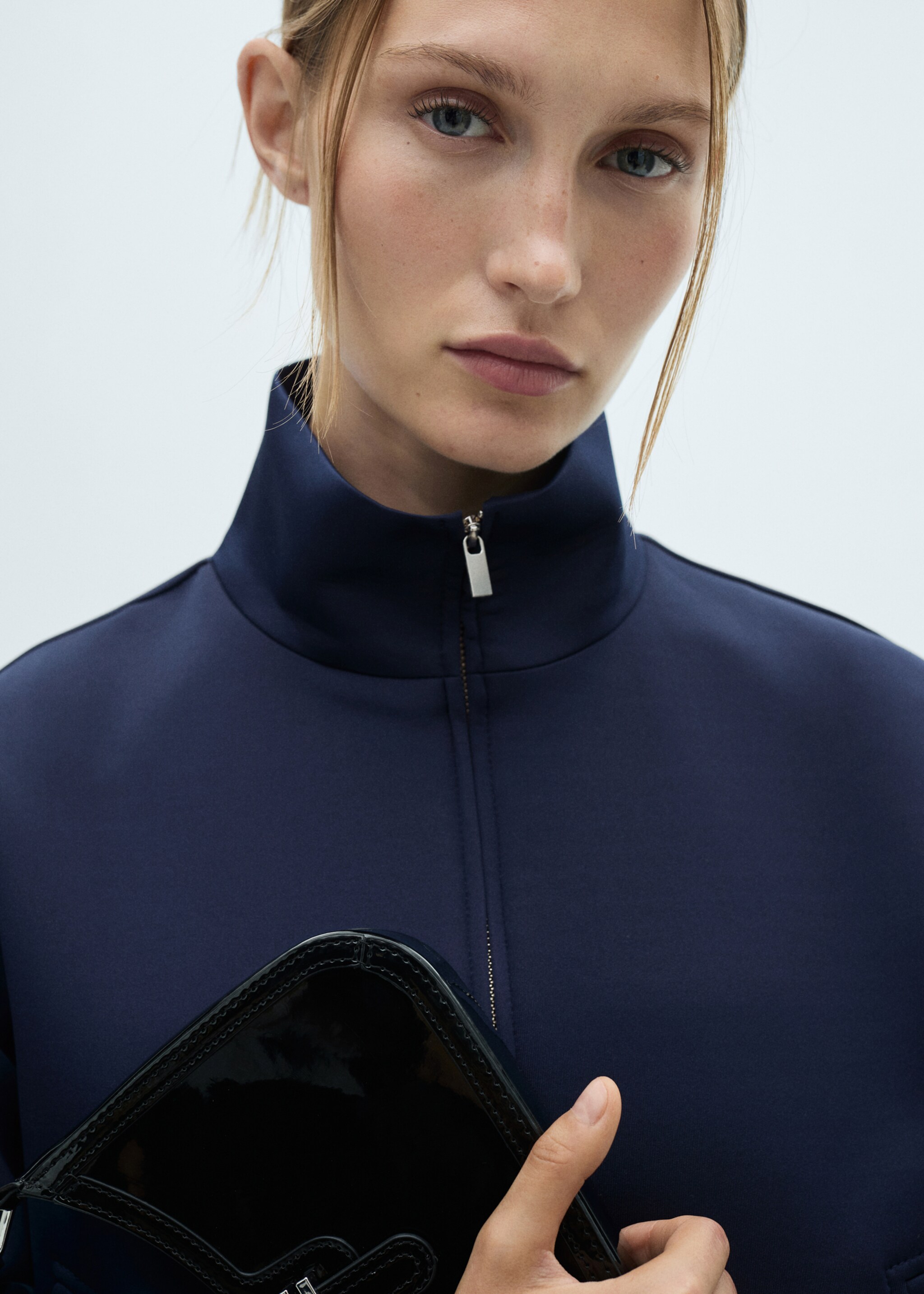 Cropped bomber jacket - Details of the article 1, Dark Navy. Ref: 77046756-00.