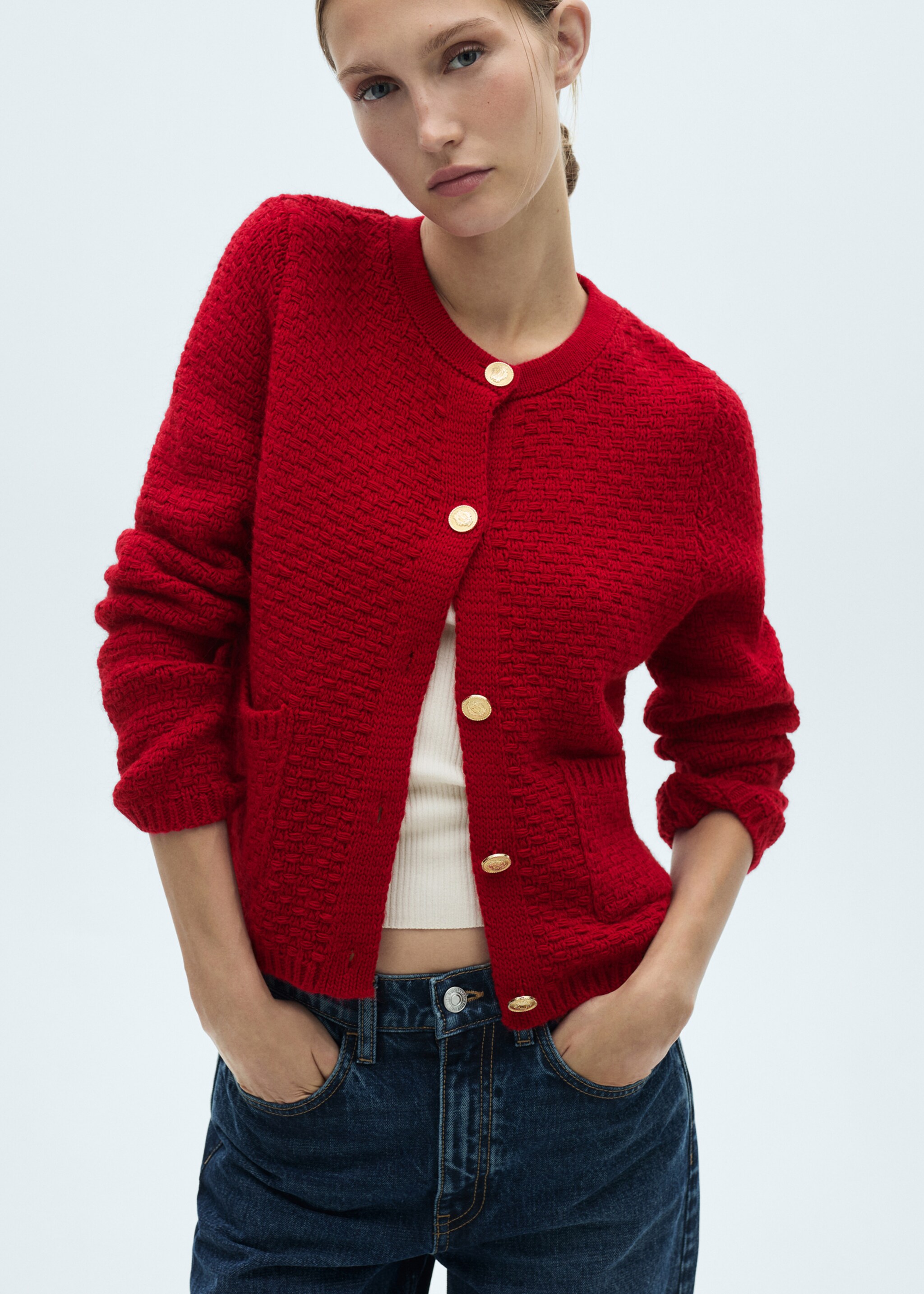 Button knit cardigan - Medium plane, Red. Ref: 77046763-00.