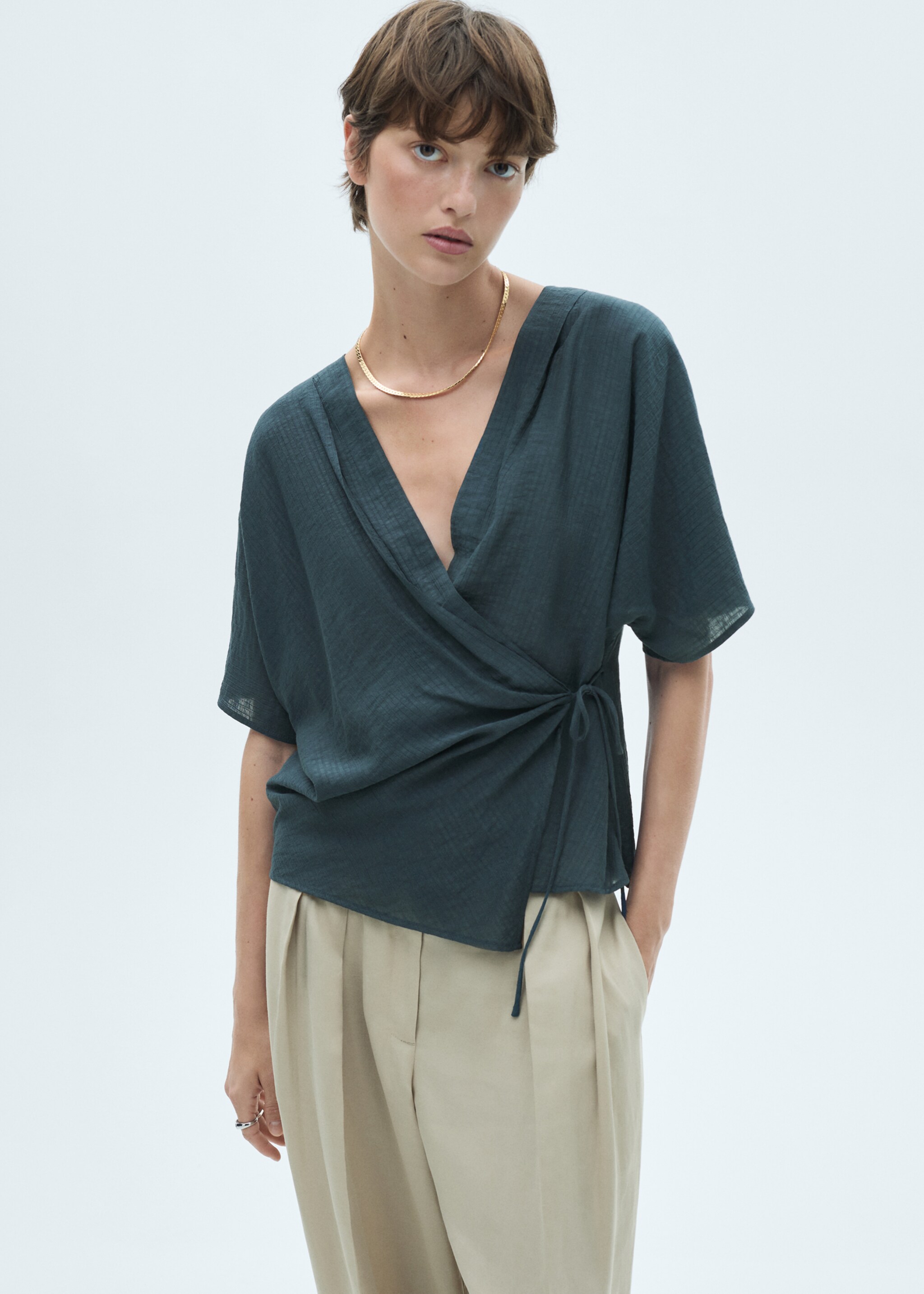 Wrap blouse with knot detail - Details of the article 6, Night Blue. Ref: 77047646-00.
