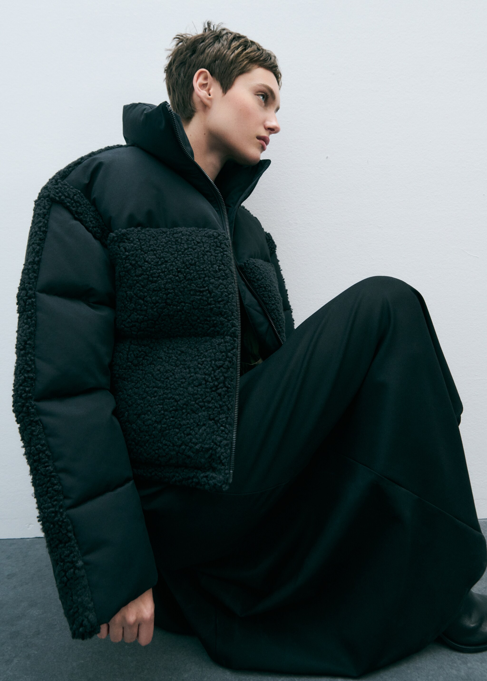 Padded anorak with bouclé panels - Details of the article 7, Black. Ref: 77047663-00.