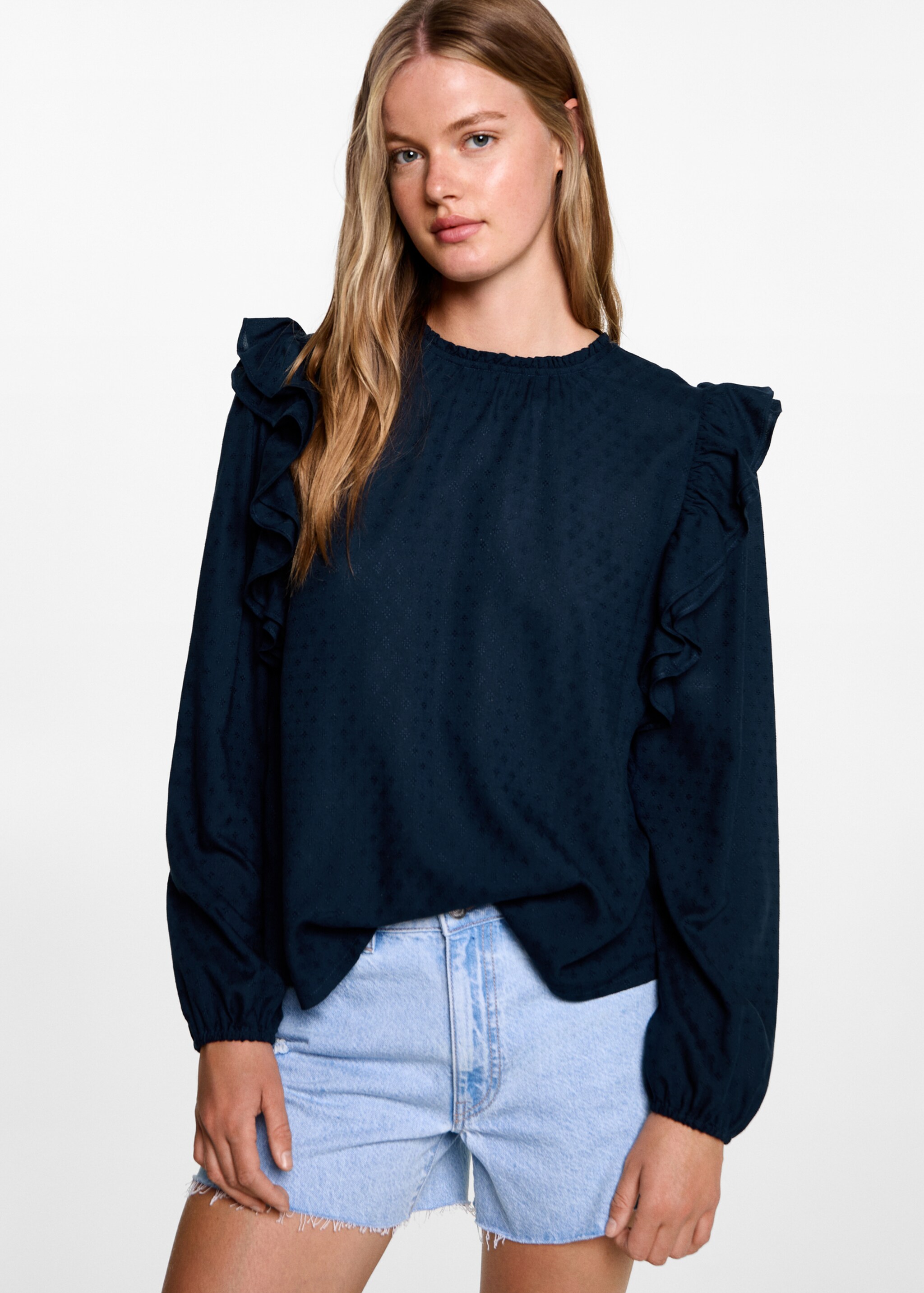 Frills embroidered shirt - Medium plane, Dark Navy. Ref: 77047674-00.