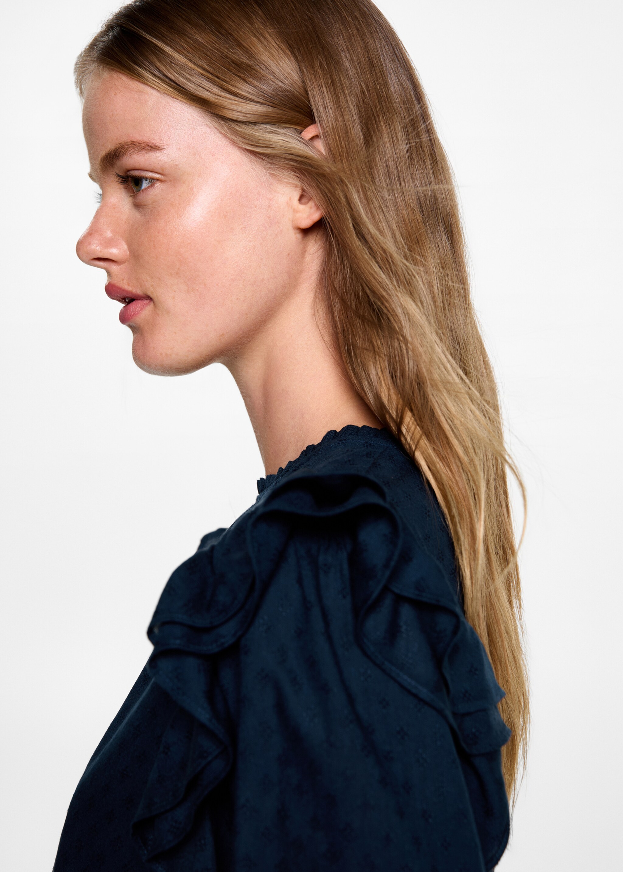 Frills embroidered shirt - Details of the article 1, Dark Navy. Ref: 77047674-00.
