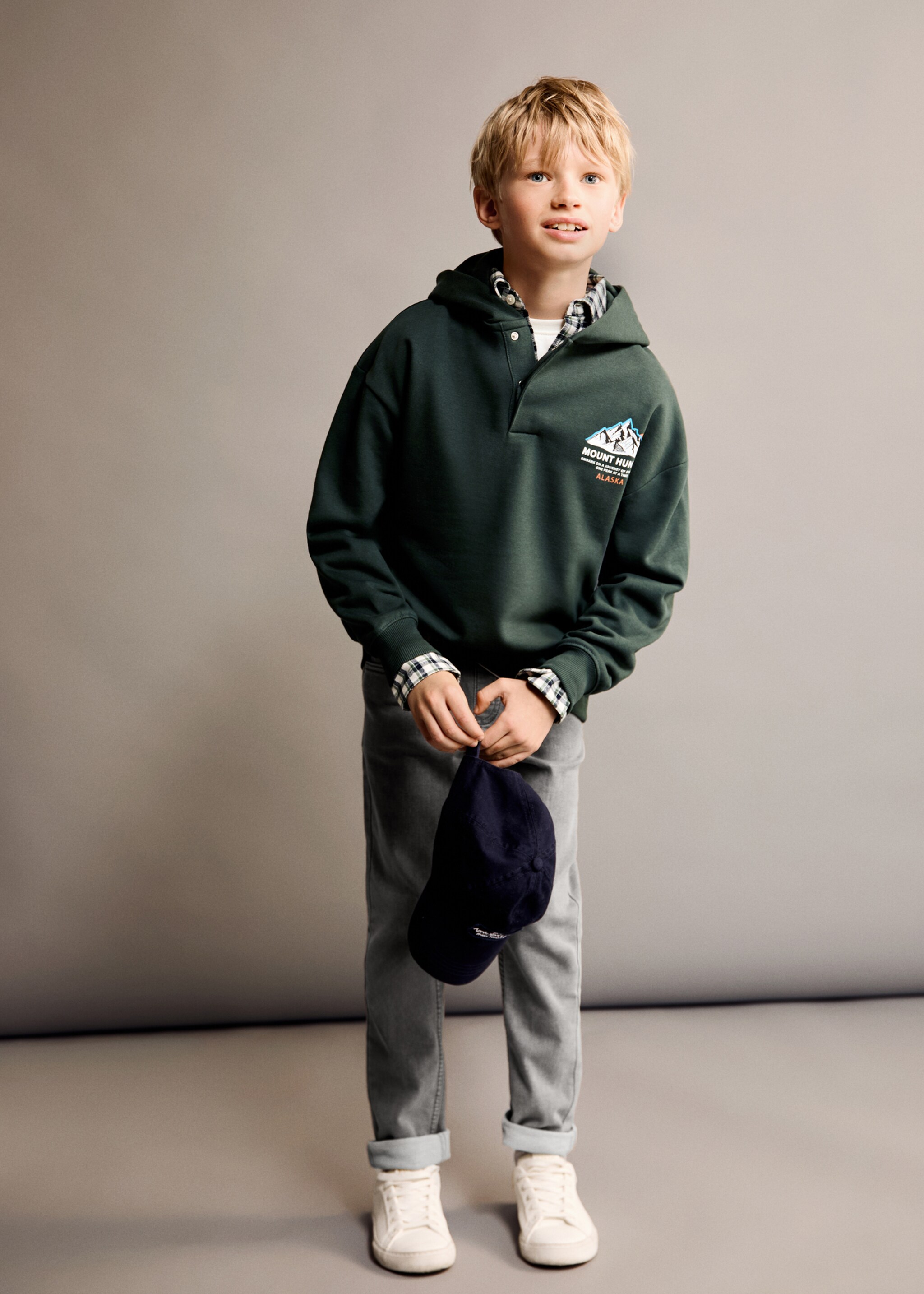 Sweatshirt com gola de polo - Pormenor do artigo 2, Verde-escuro. Ref: 77047684-00.
