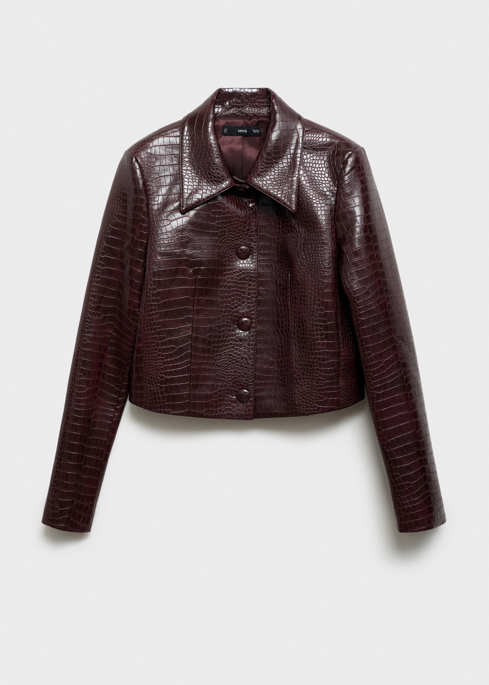 Crocodrile-effect cropped jacket - Article without model, Burgundy. Ref: 77047692-00.