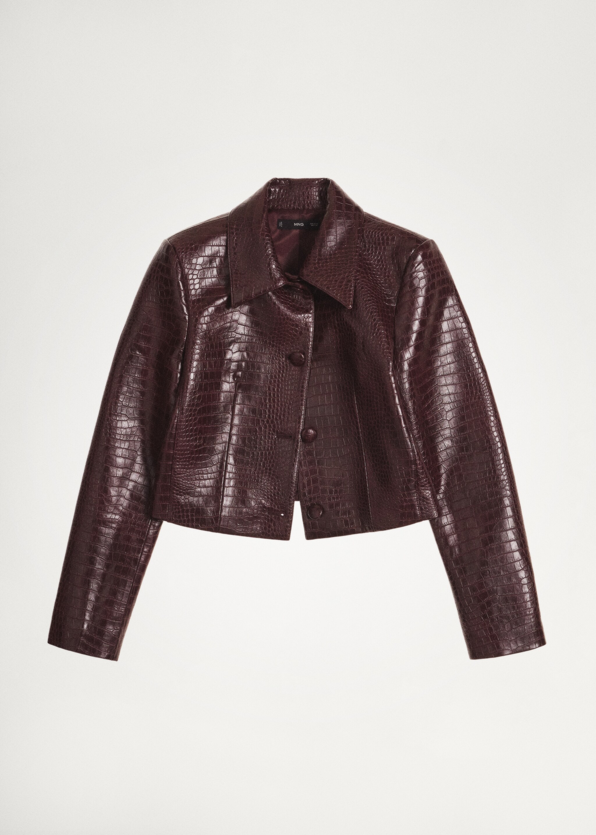 Crocodrile-effect cropped jacket - Details of the article 5, Burgundy. Ref: 77047692-00.