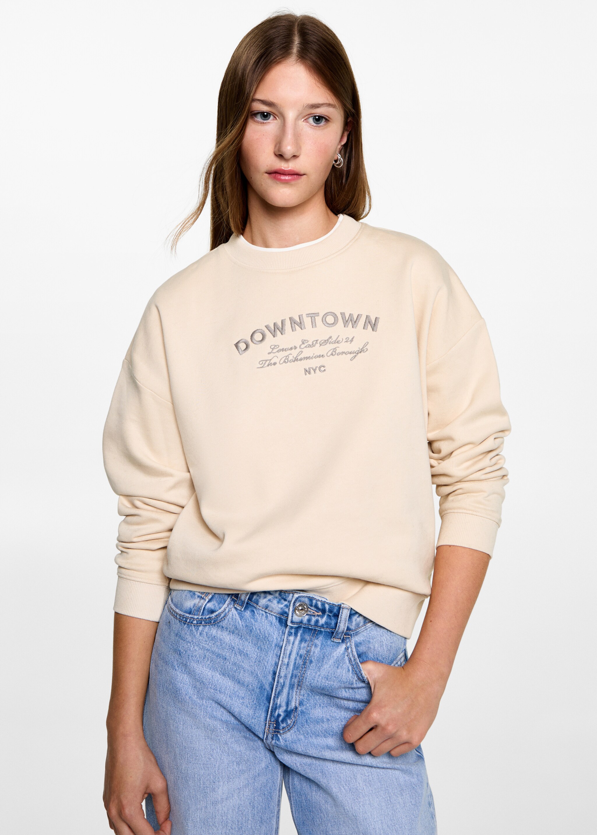 Embroidered detail cotton sweatshirt - Medium plane, Ecru. Ref: 77047693-00.