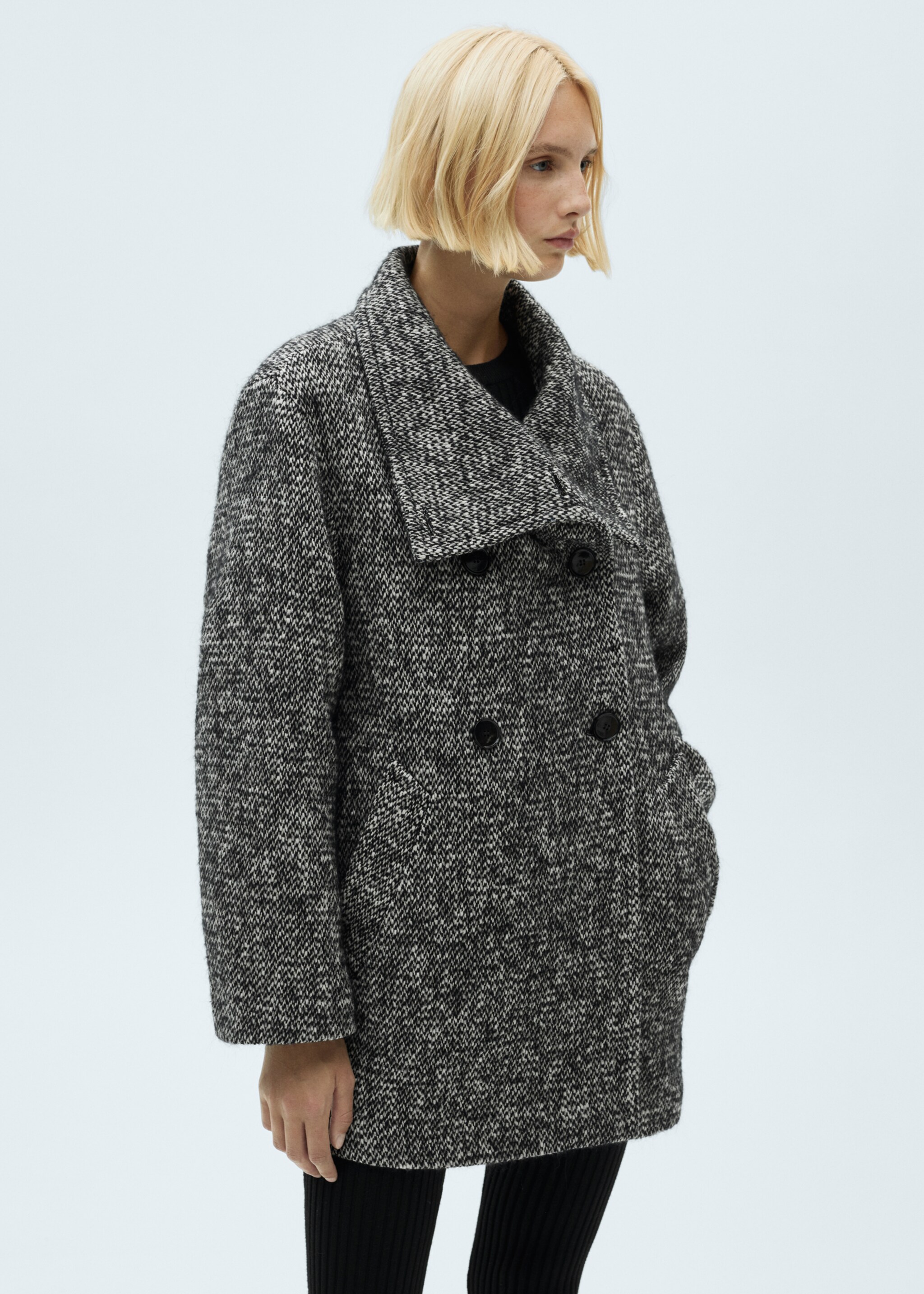 Mottled double-breasted coat - Medium plane, Black. Ref: 77047722-00.