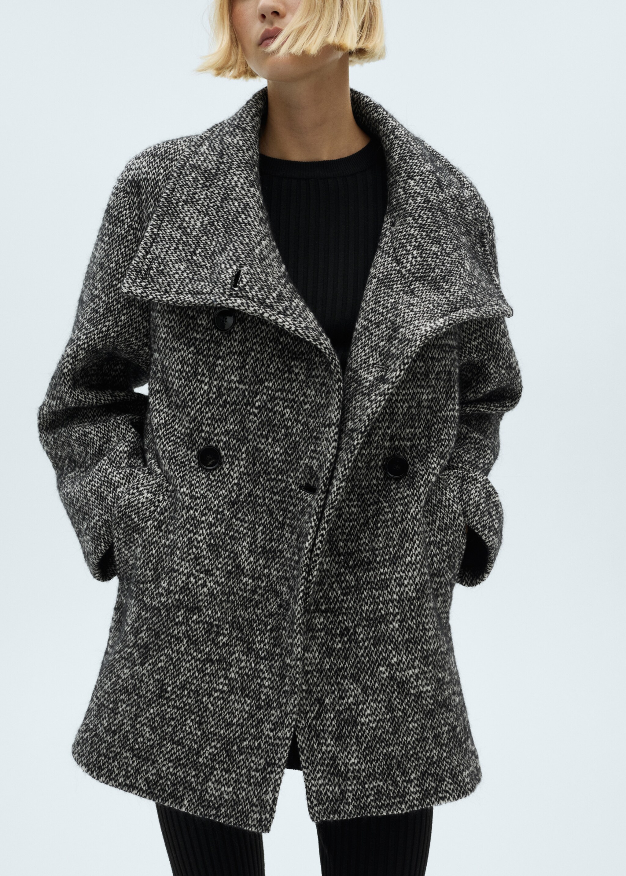 Mottled double-breasted coat - Details of the article 6, Black. Ref: 77047722-00.