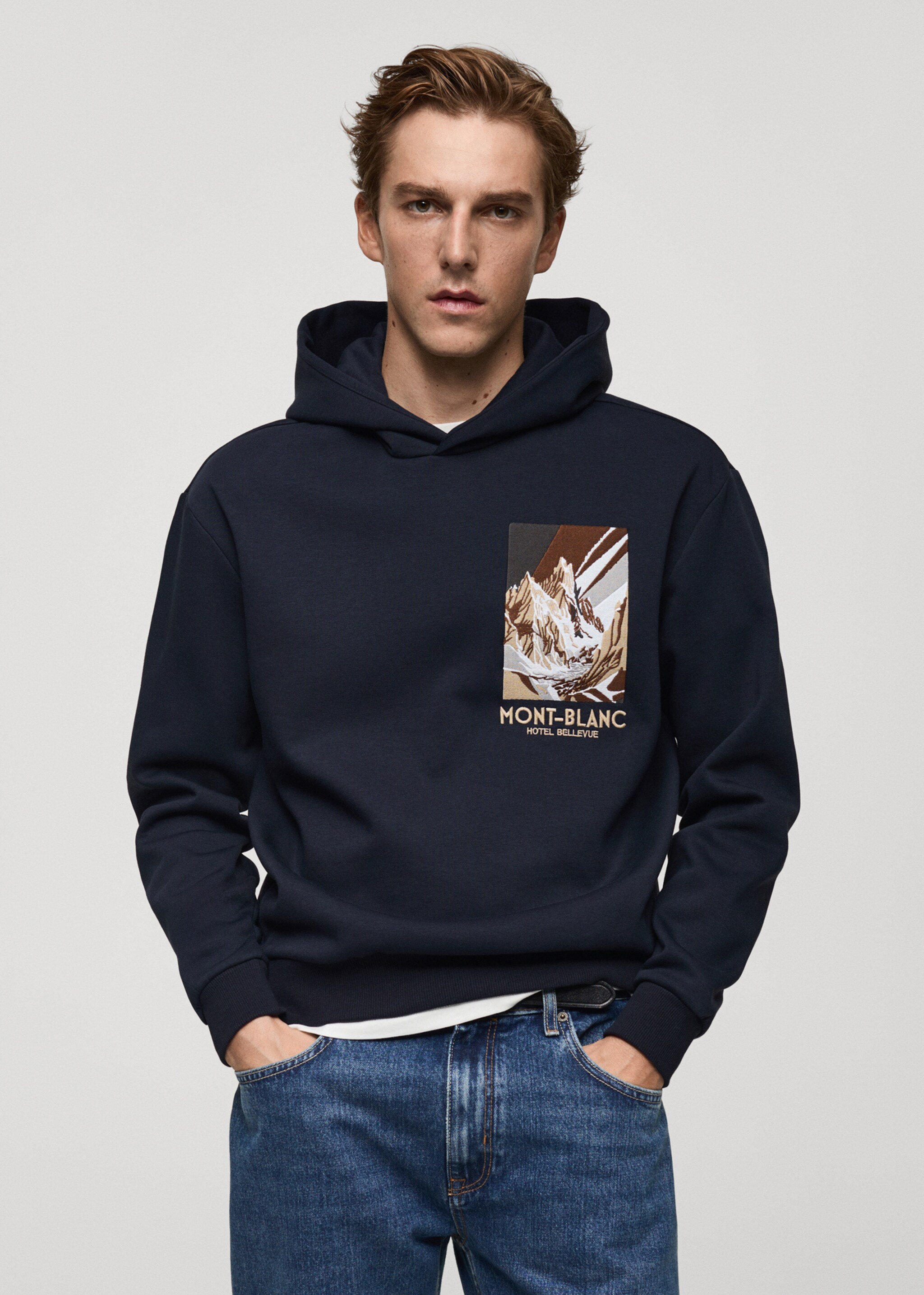 Baumwoll-Sweatshirt mit kombiniertem Printmuster - Mittlere Ansicht, Dunkles Marineblau. Ref: 77047923-00.