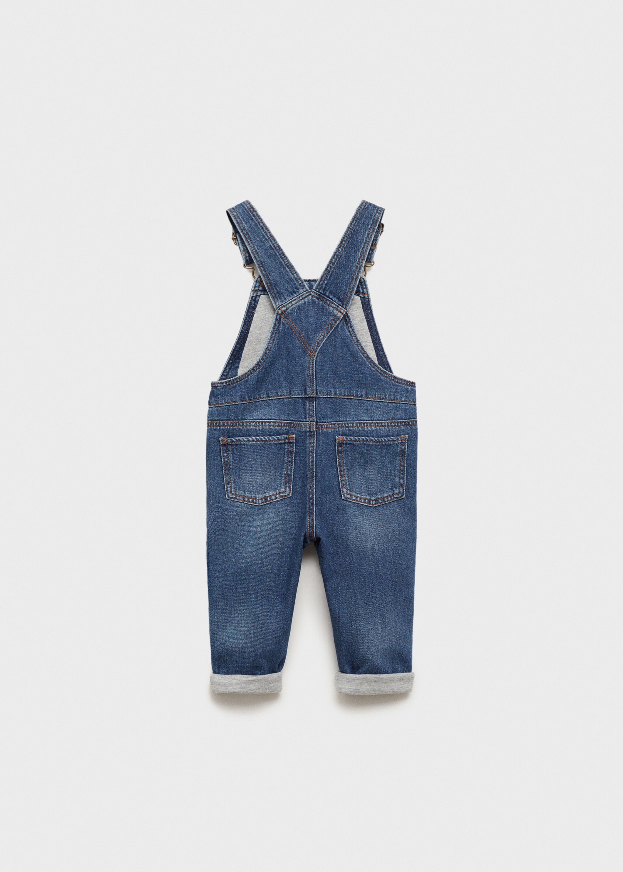 Lange Jeans-Latzhose mit Tasche - Rückseite des Artikels, Mittelblau. Ref: 77047927-00.