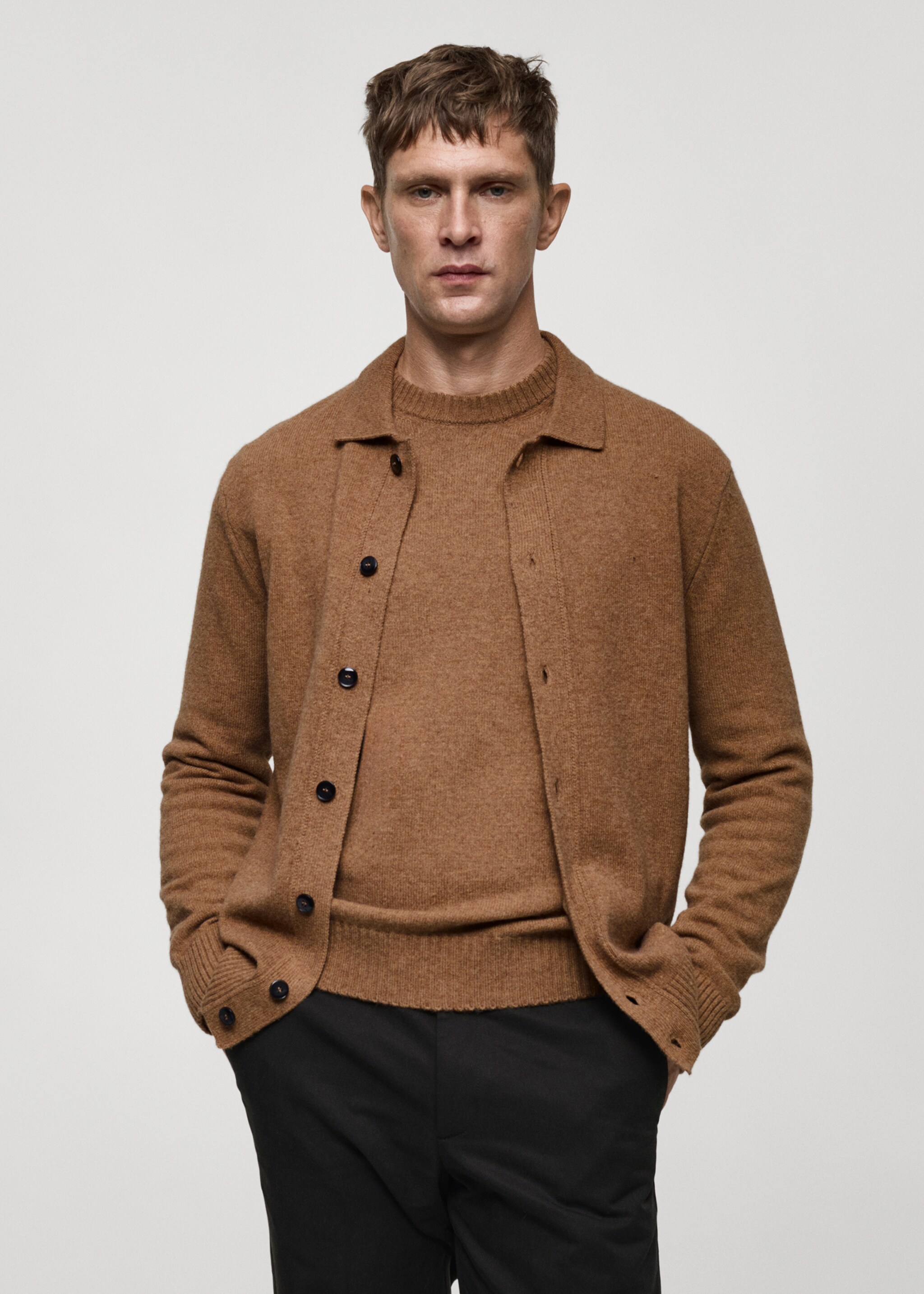 Rib-knit wool cardigan - Medium plane, Medium Brown. Ref: 77047928-00.