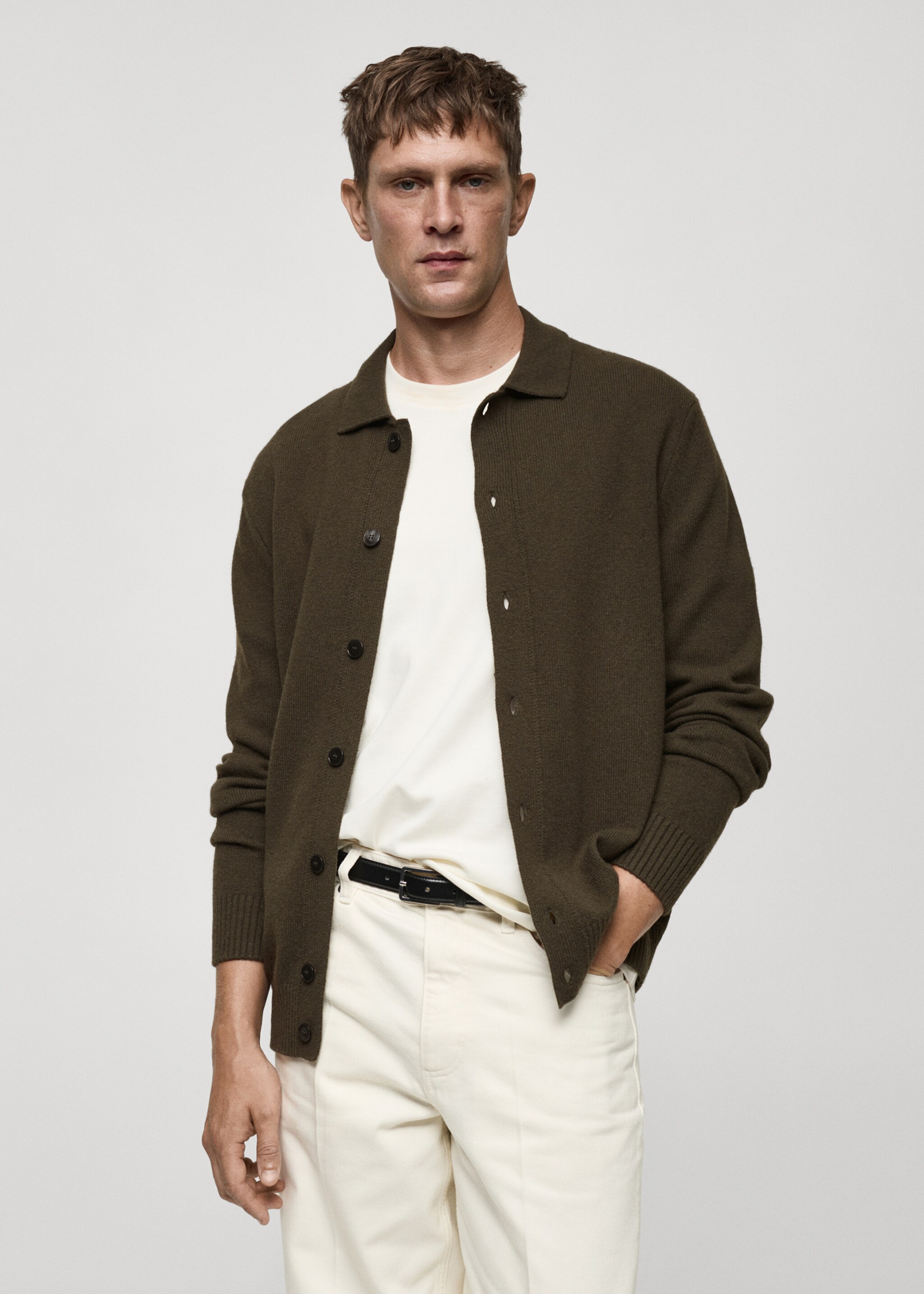 Rib-knit wool cardigan - Medium plane, Khaki. Ref: 77047928-00.