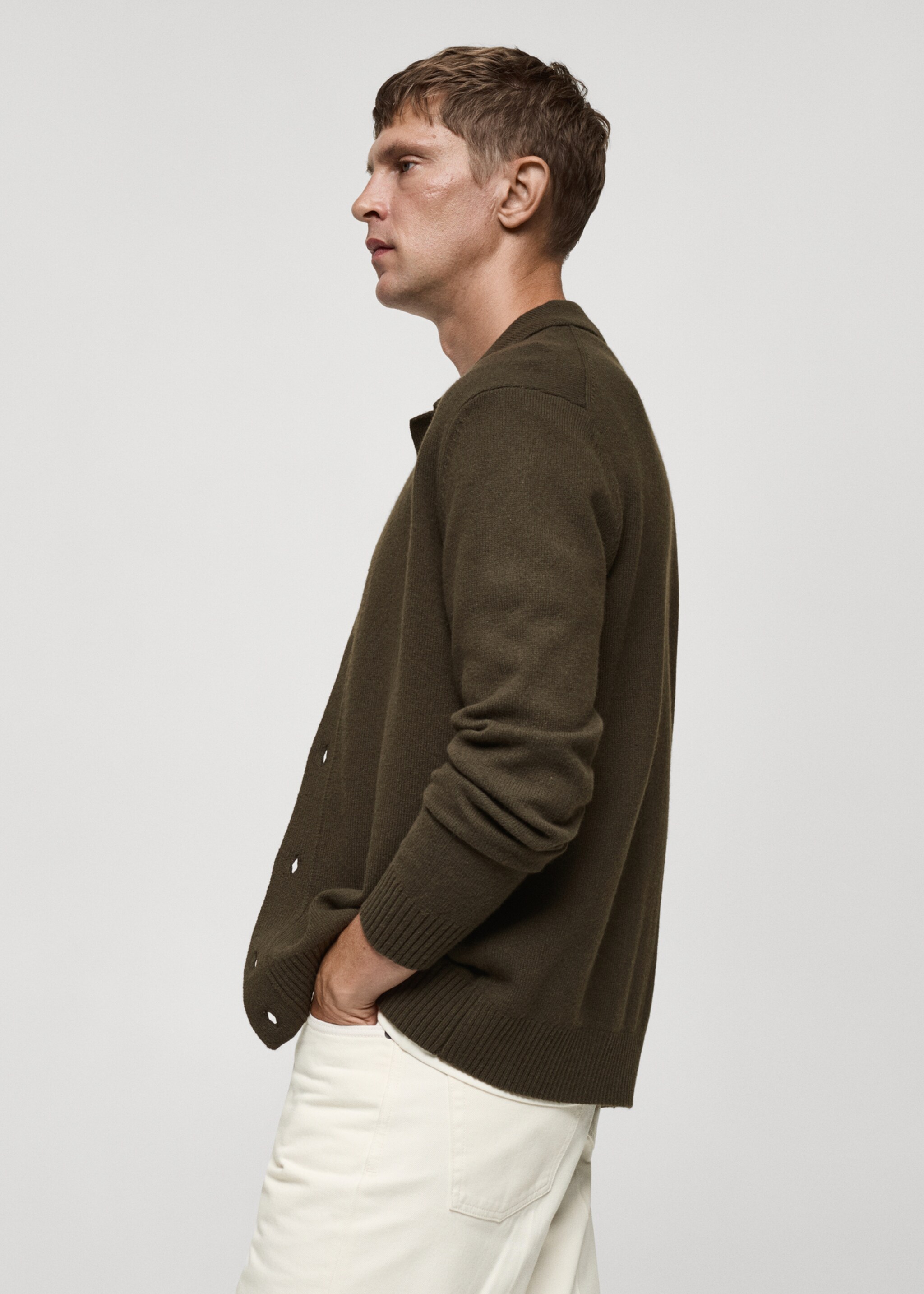 Rib-knit wool cardigan - Details of the article 2, Khaki. Ref: 77047928-00.