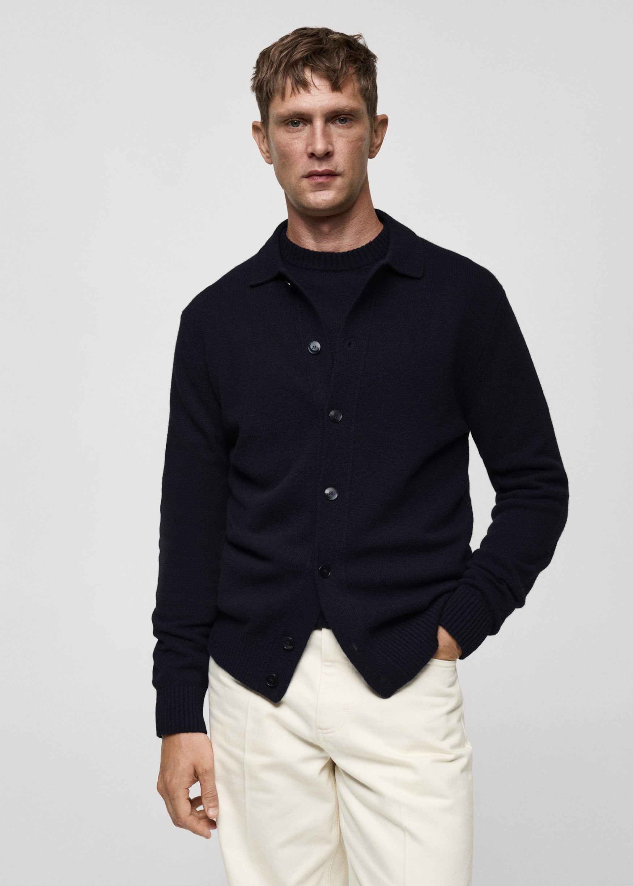 Rib-knit wool cardigan - Medium plane, Dark Navy. Ref: 77047928-00.