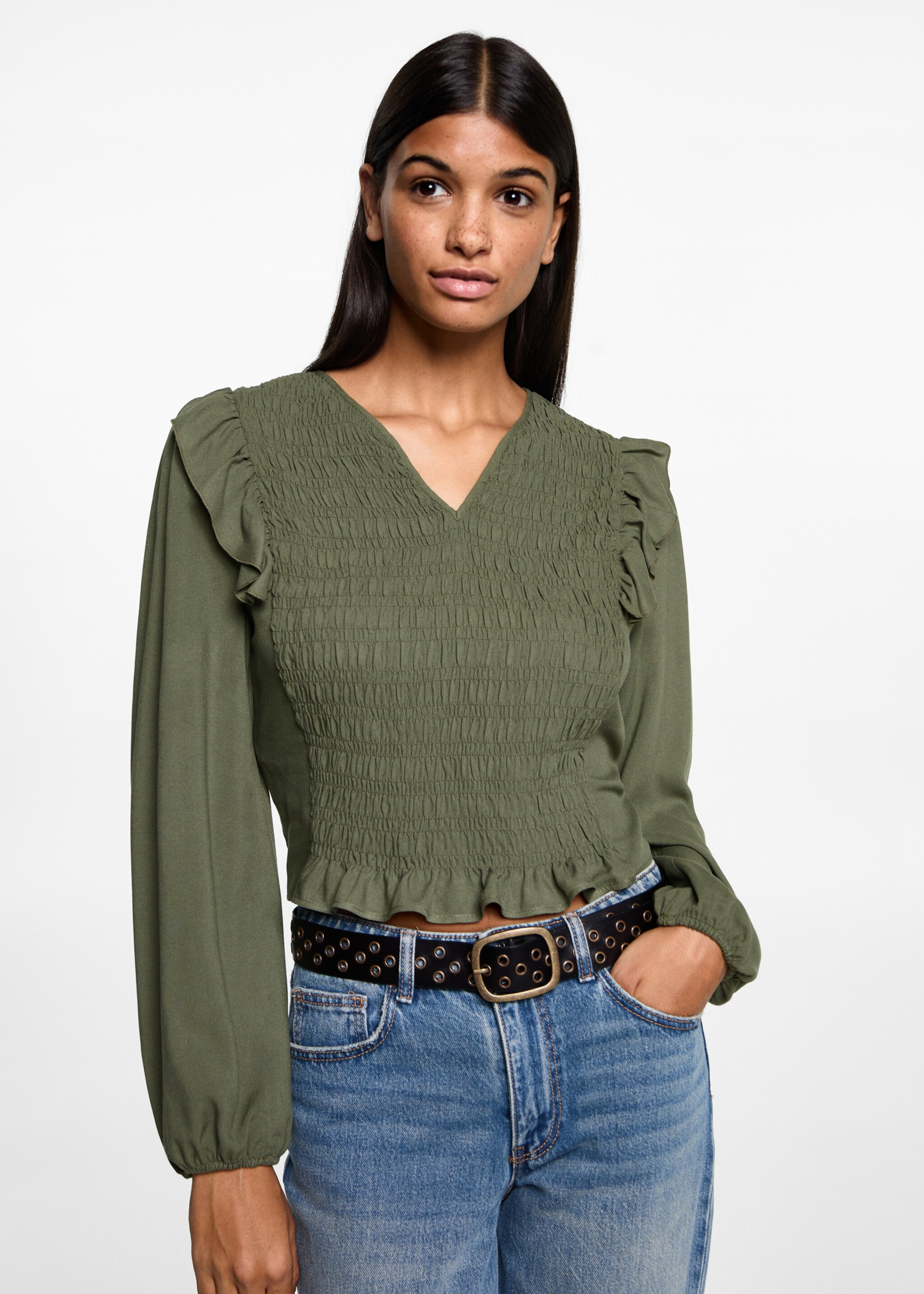 Blusa fruncida volantes - Plano medio, Khaki. Ref: 77048286-00.