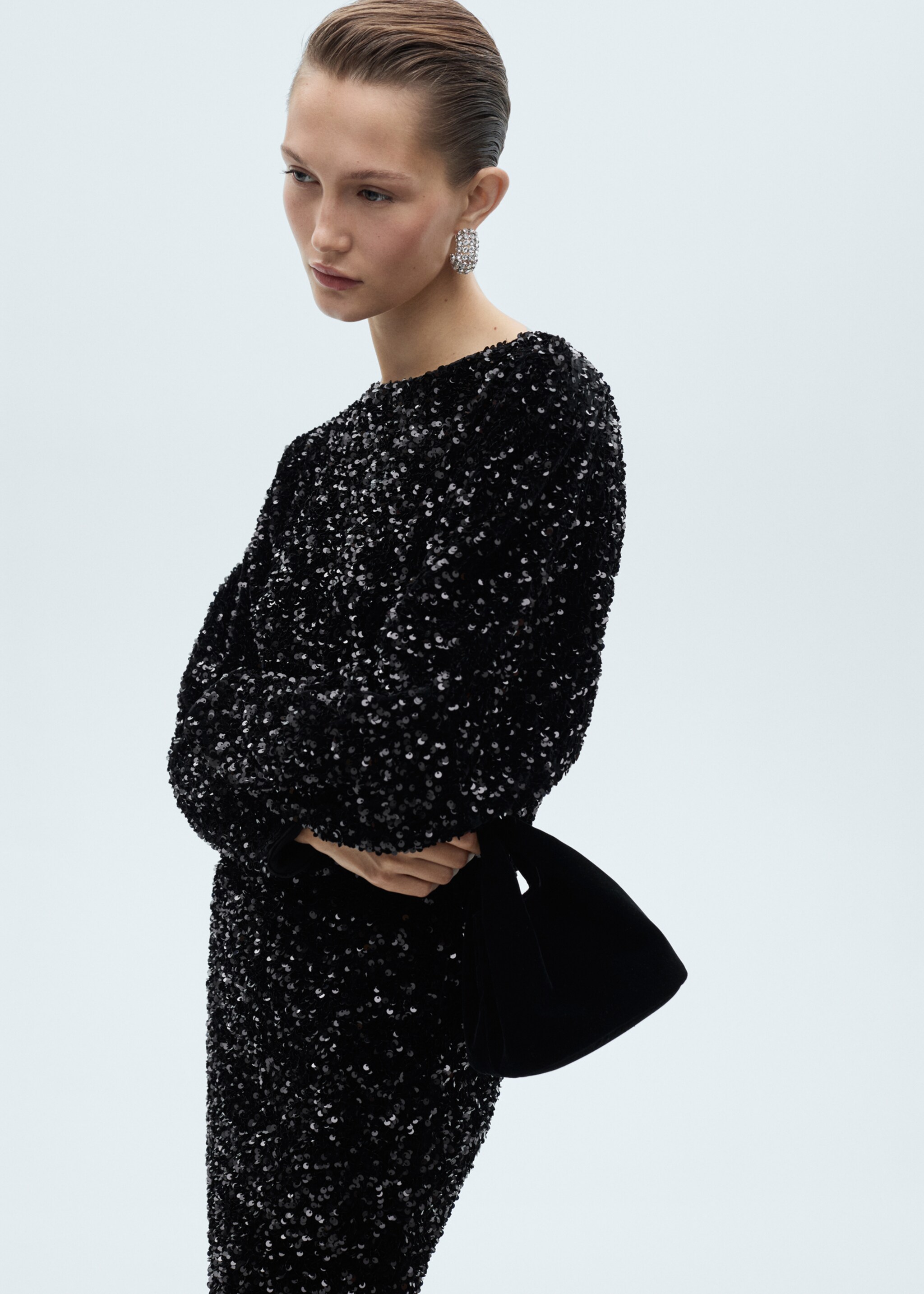 Puffed sleeves sequined dress - Medium plane, Black. Ref: 77049059-00.