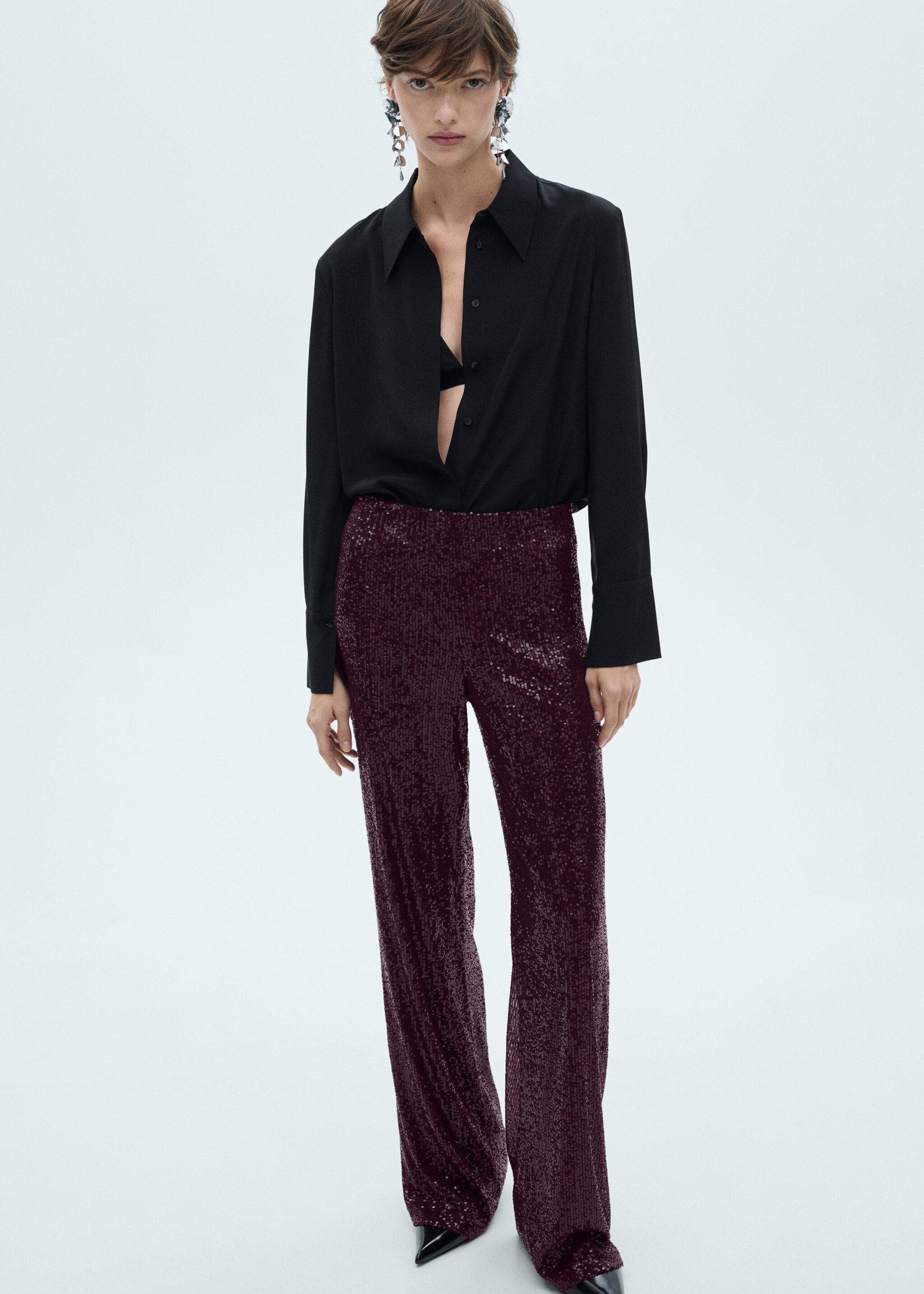 Sequined palazzo trousers - Details of the article 2, Wine. Ref: 77049062-00.