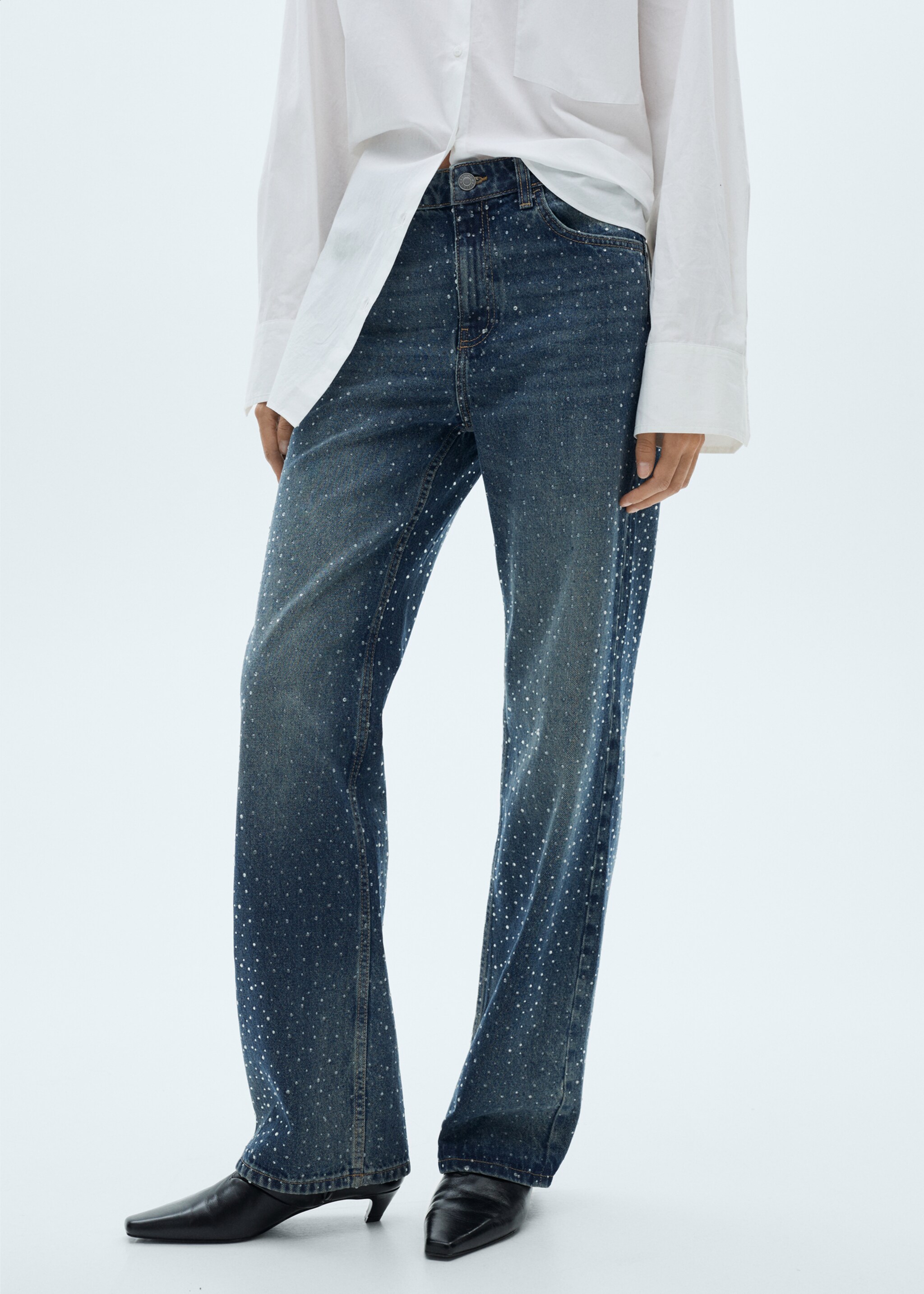 Straight-fit jeans with rhinestone detail - Medium plane, Dark Blue. Ref: 77049067-00.
