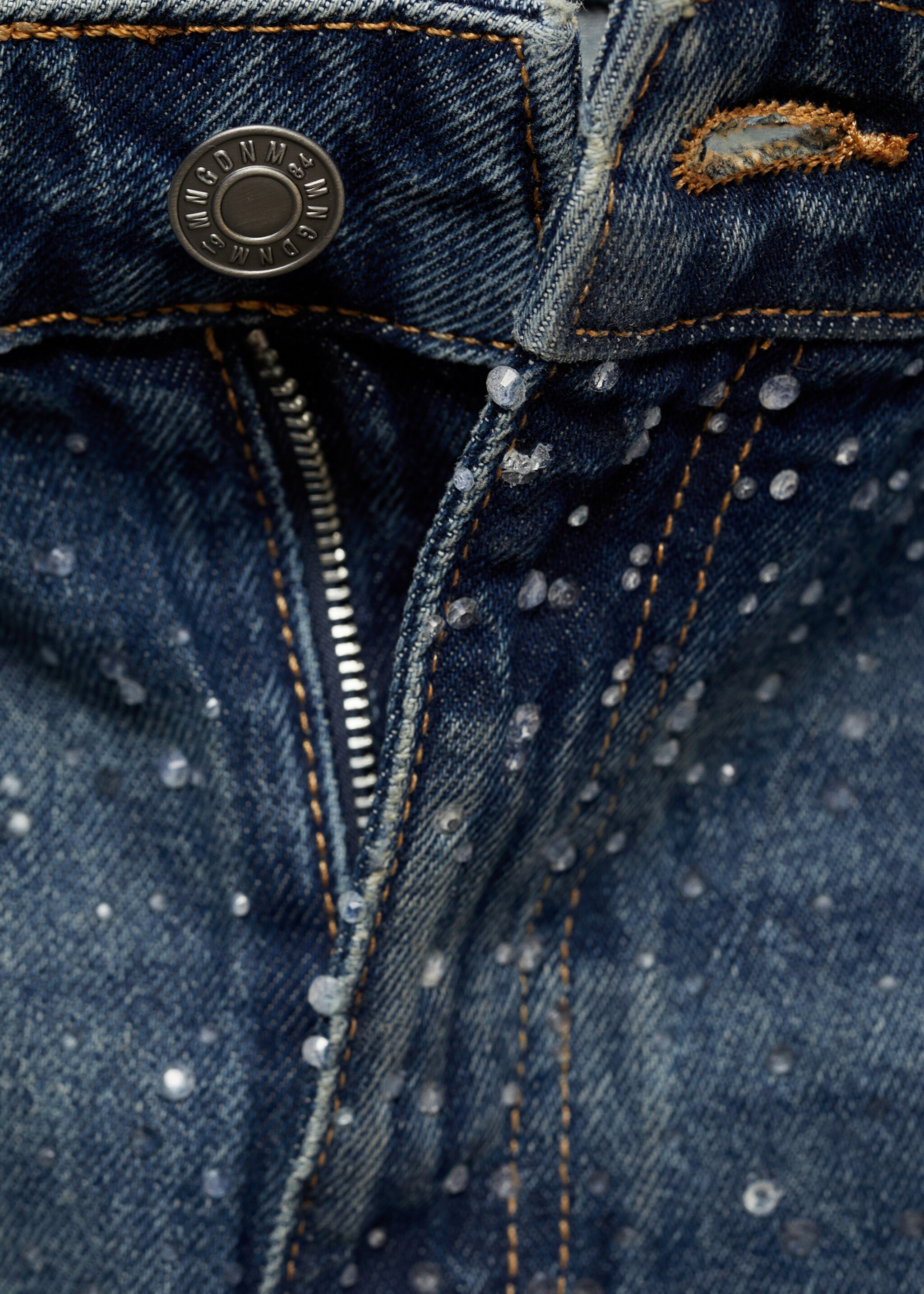 Straight-fit jeans with rhinestone detail - Details of the article 0, Dark Blue. Ref: 77049067-00.