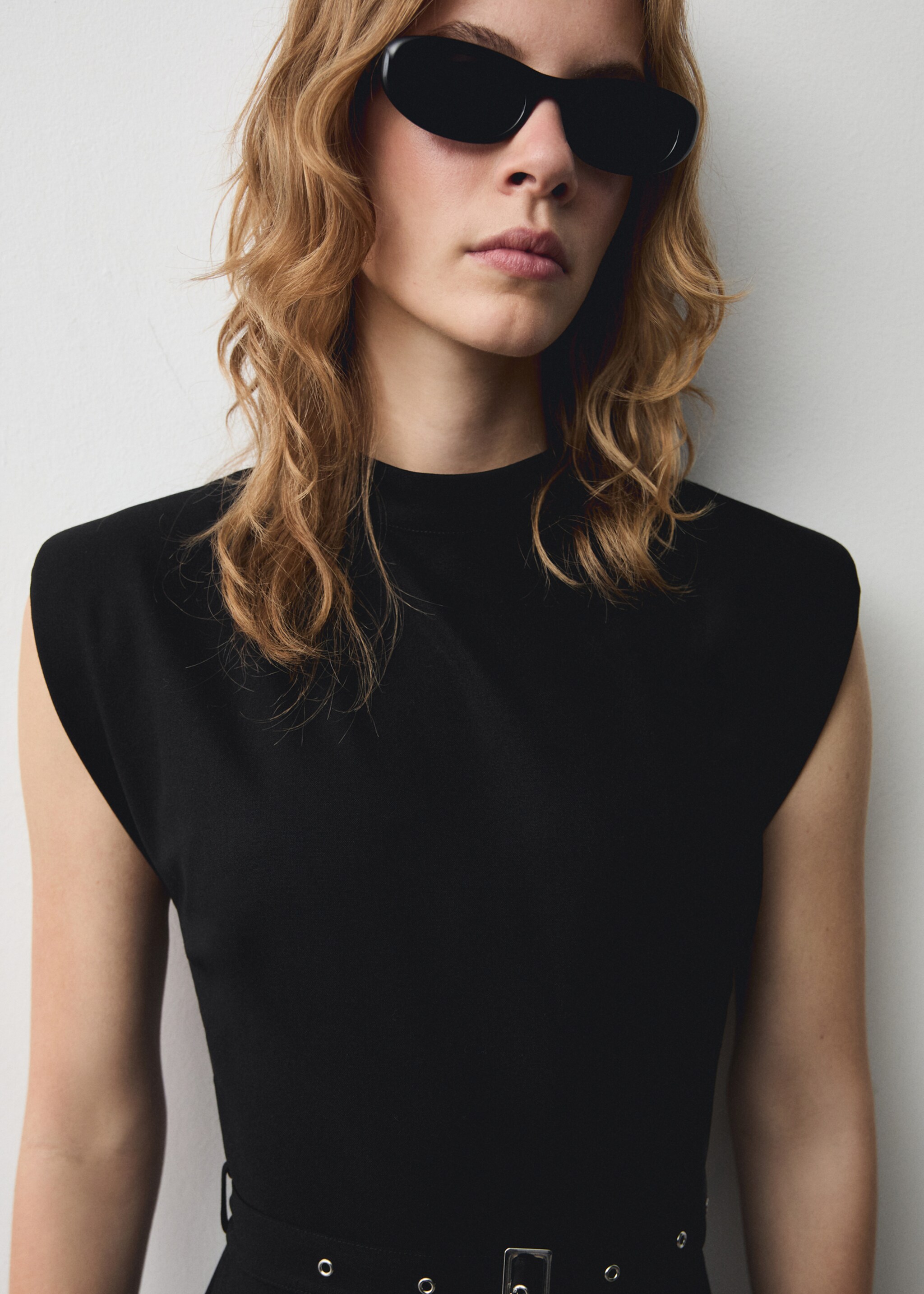 Asymmetrical dress with belt - Details of the article 1, Black. Ref: 77049075-00.
