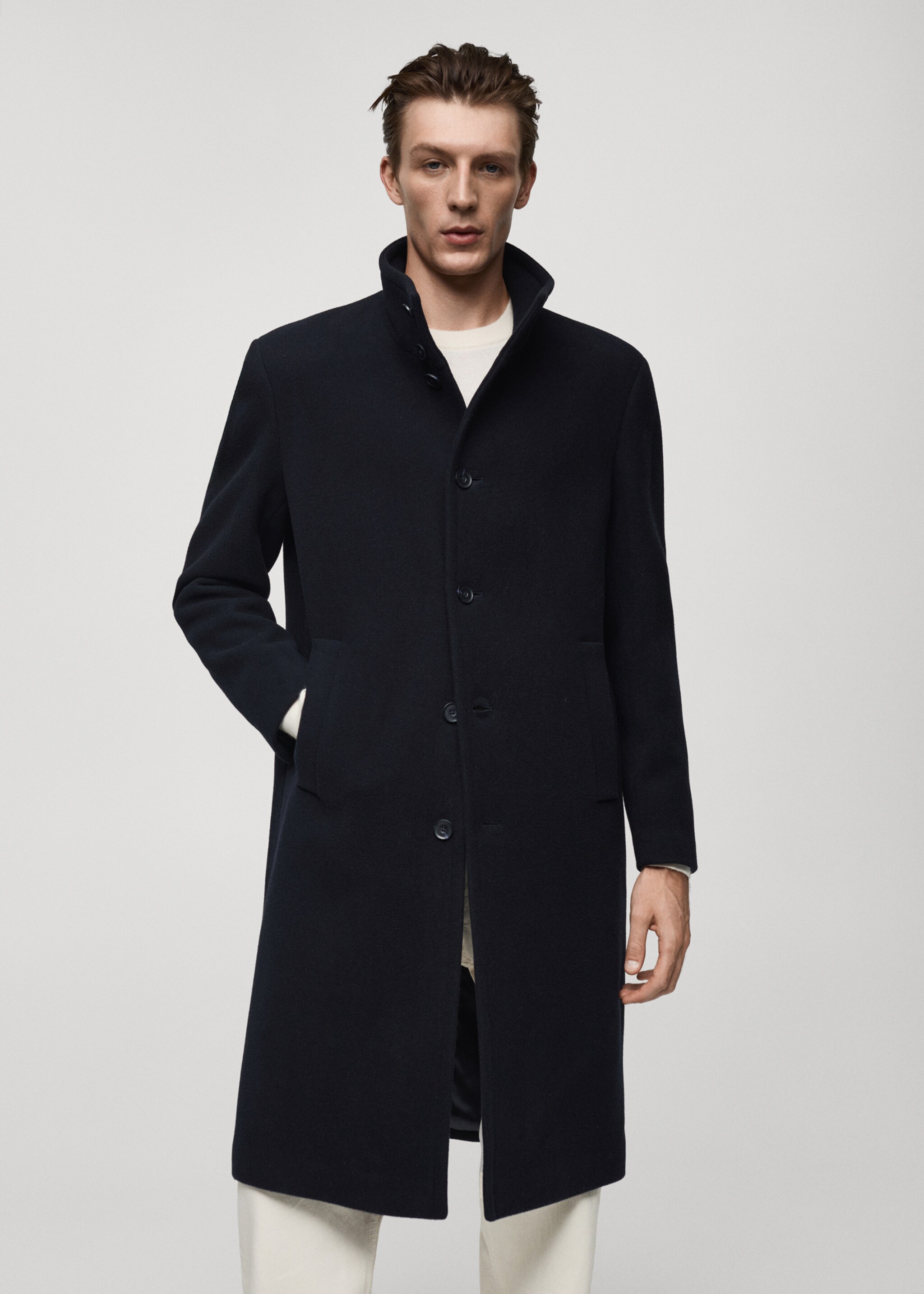 Long wool coat with collar - Medium plane, Dark Navy. Ref: 77049227-00.