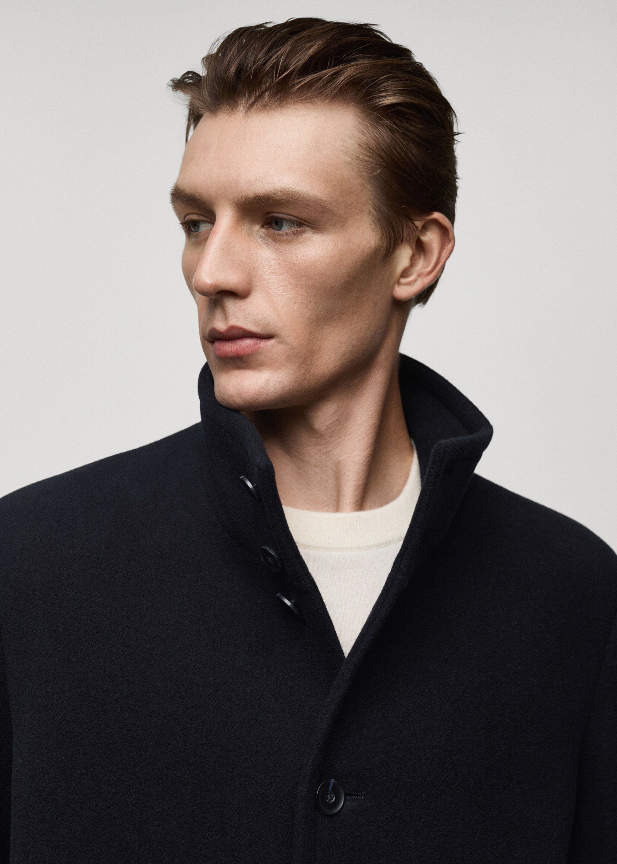 Long wool coat with collar - Details of the article 1, Dark Navy. Ref: 77049227-00.