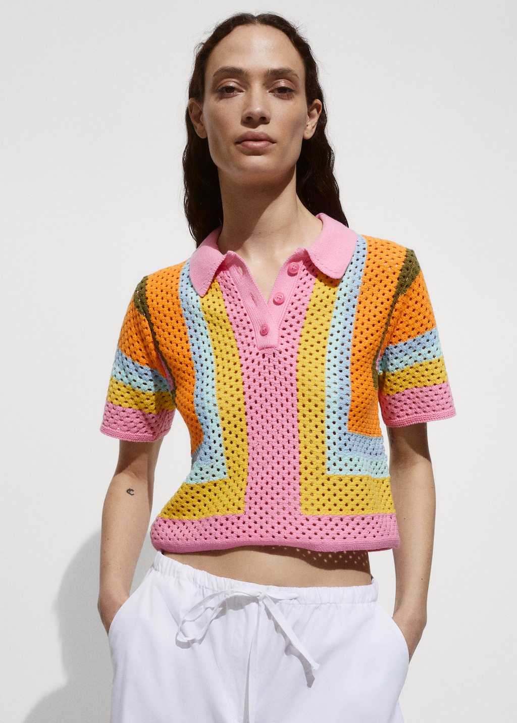 Short-sleeved crochet polo shirt - Women | MANGO OUTLET USA