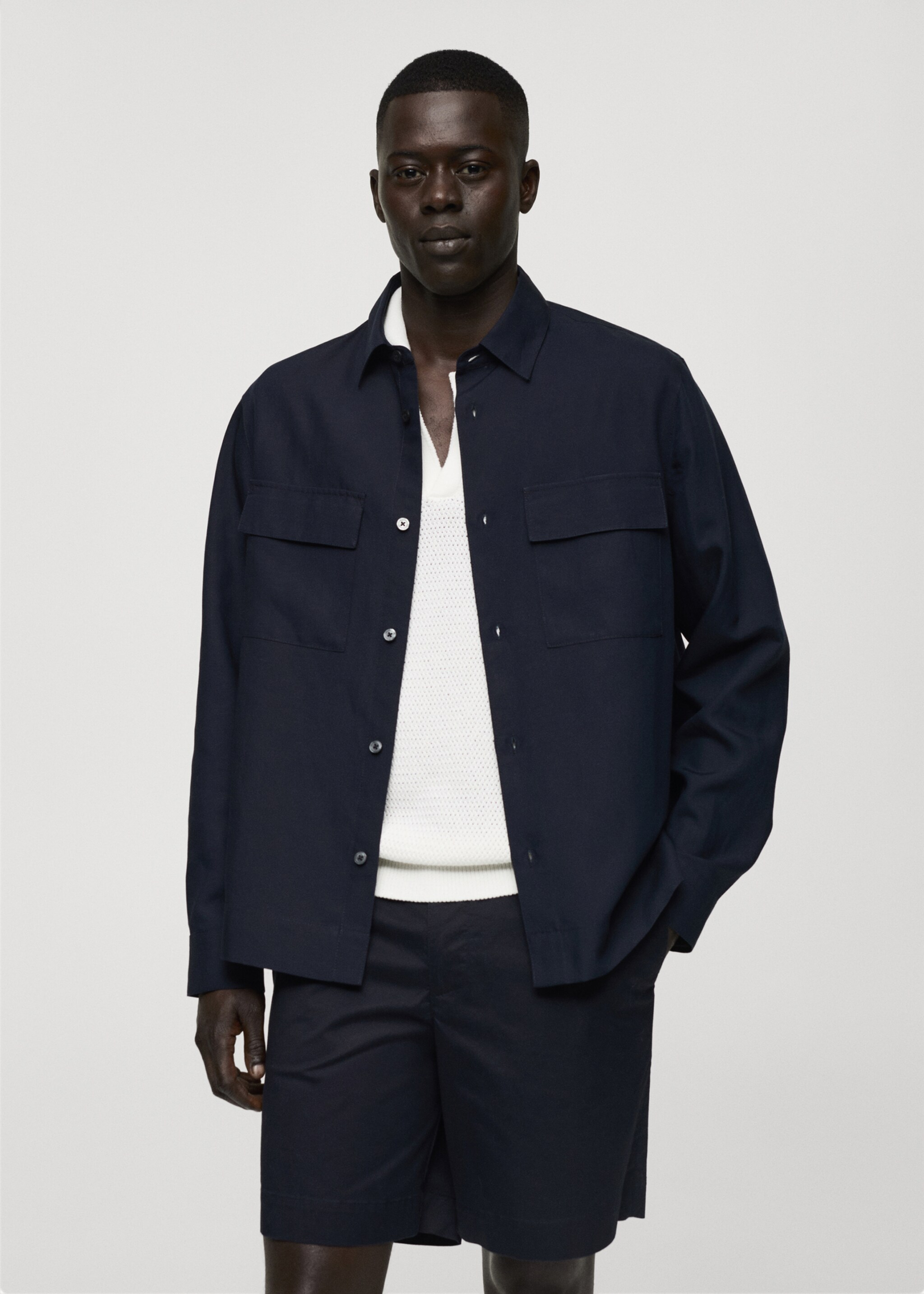 Sobrecamisa tencel lli butxaques - Pla mig, Blau marí fosc. Ref: 77050563-00.