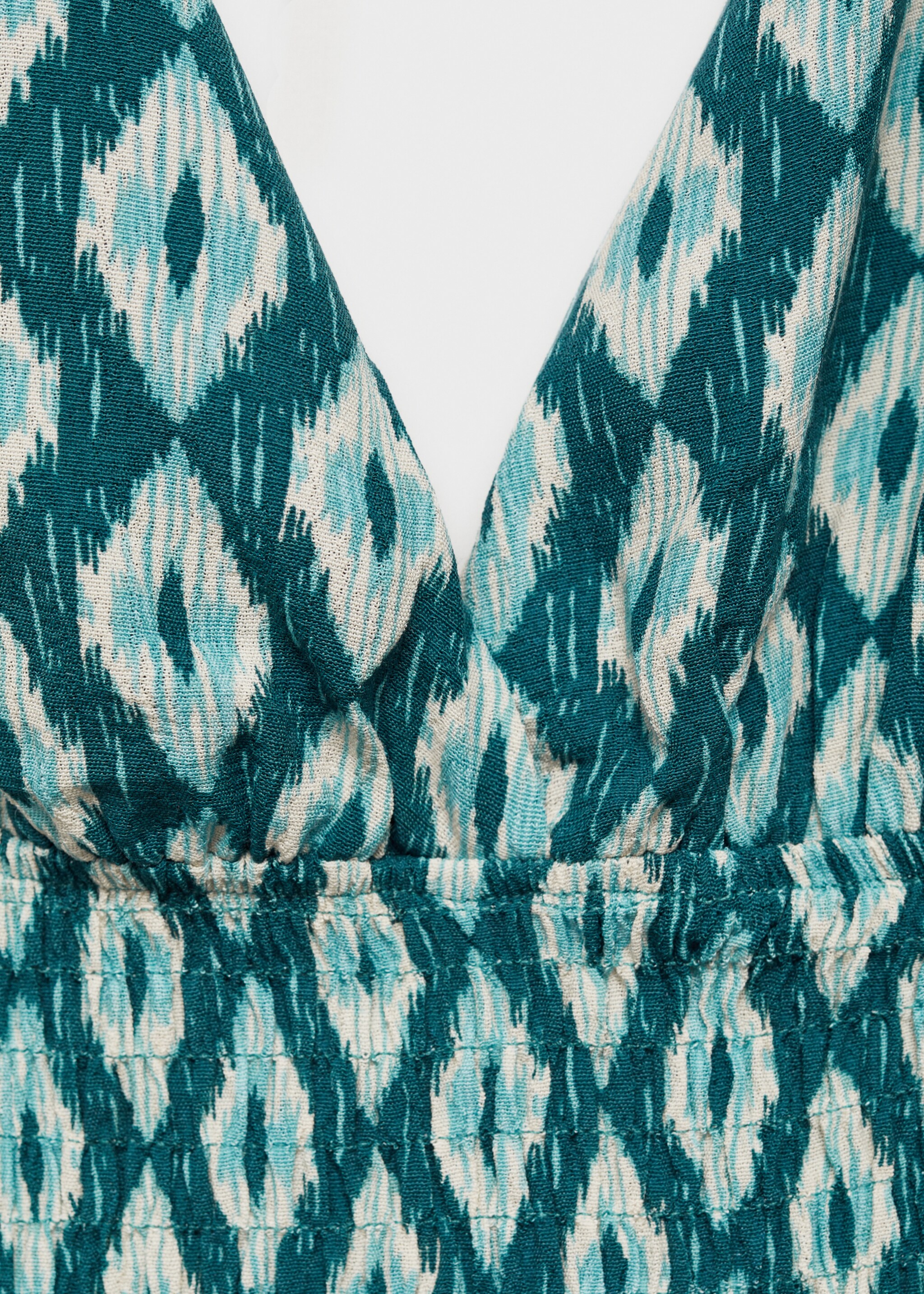 Gemustertes Kleid mit Raffdetail - Detail des Artikels 8, Petrolblau. Ref: 77052934-00.