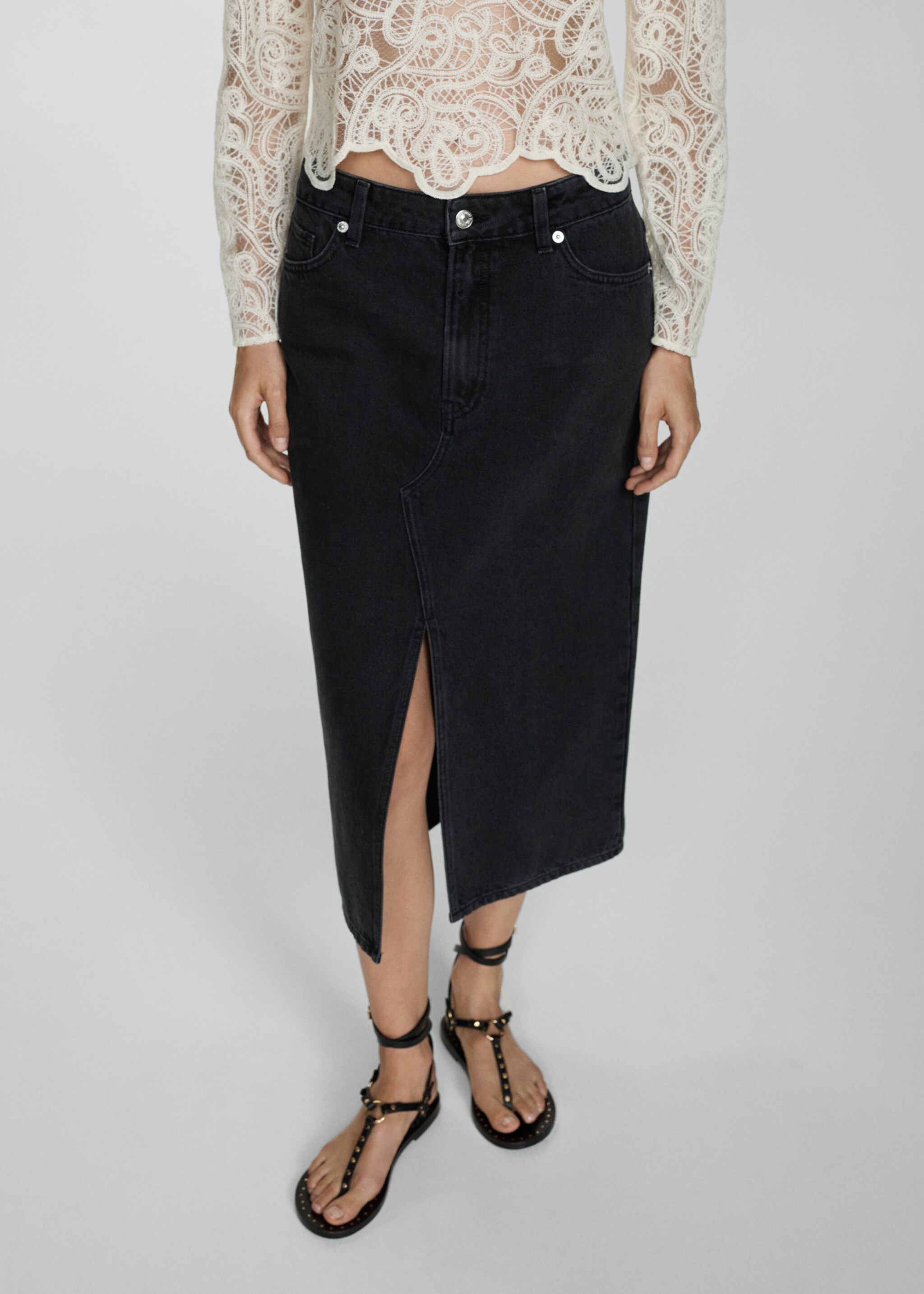 Midi-Jeansrock - Mittlere Ansicht, Black denim. Ref: 77054786-00.